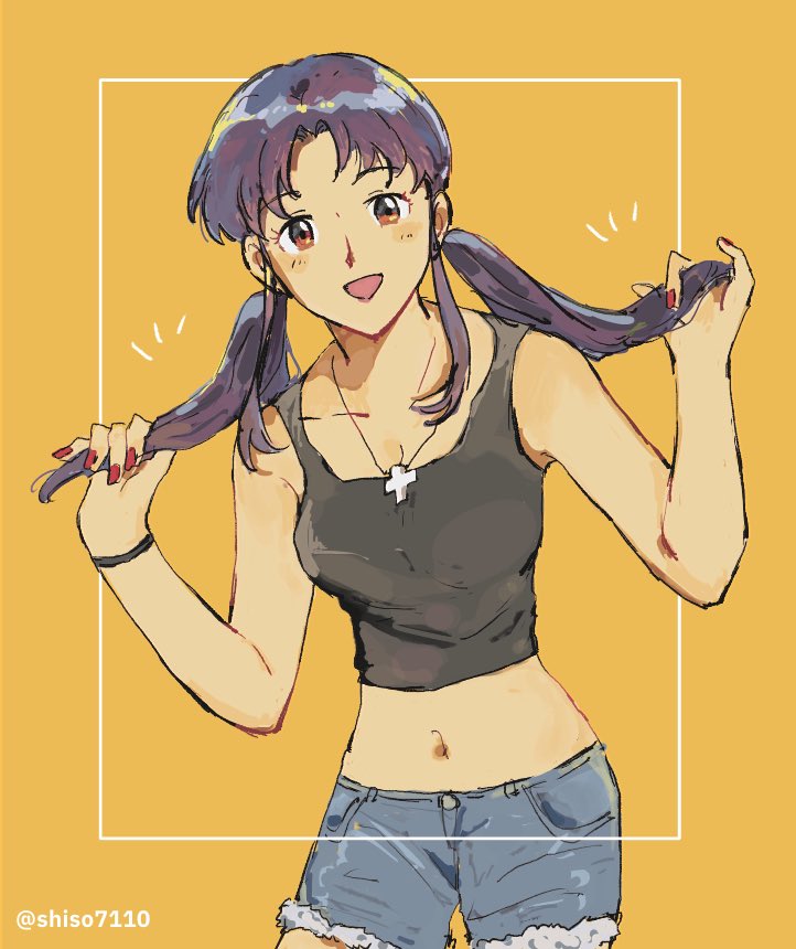1girls alternate_hairstyle bangs bare_shoulders blush breasts brown_eyes cute female female_only fringe light-skinned_female long_hair looking_at_viewer misato_katsuragi necklace neon_genesis_evangelion nipples no_bra parted_bangs pendant petite purple_hair sfw shiso skinny slim smile solo solo_female standing teenager twintails
