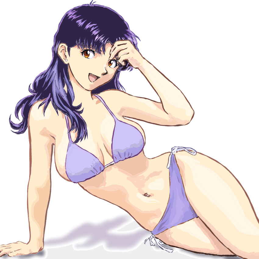 1girls bangs bare_shoulders bikini blush breasts brown_eyes exposed_breasts female female_only fully_clothed long_hair looking_at_viewer misato_katsuragi necklace neon_genesis_evangelion nipples no_bra parted_bangs pendant purple_hair smile smiling smiling_at_viewer solo solo_female standing