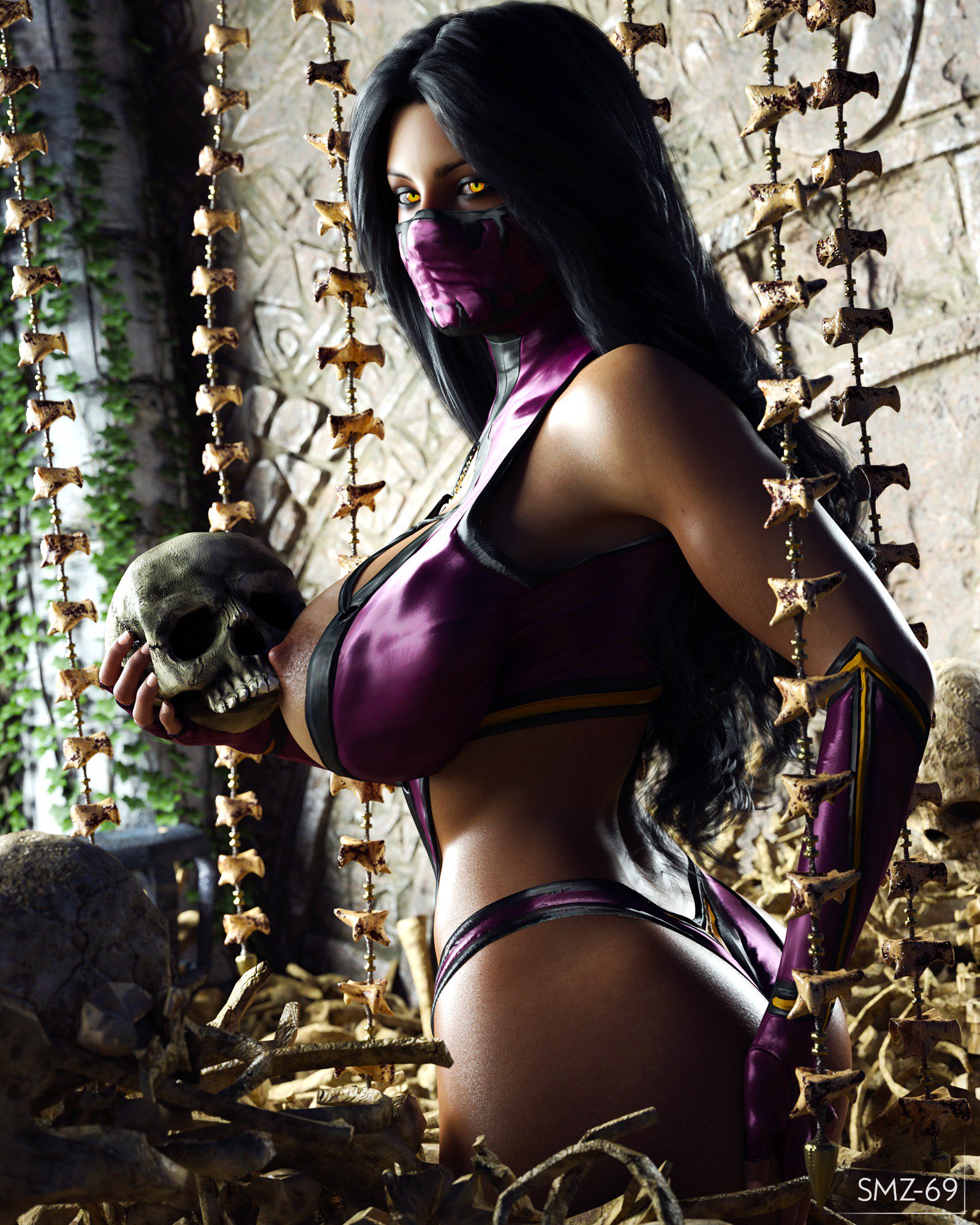1girls, 3d, areolae, bimbo, bones, breasts, brecca (smz-69), female, huge breasts, mileena, mileena (cosplay), mortal kombat, netherrealm studios, nipple slip, purple panties, skeleton, skull, skull head, smz-69, solo, yellow eyes