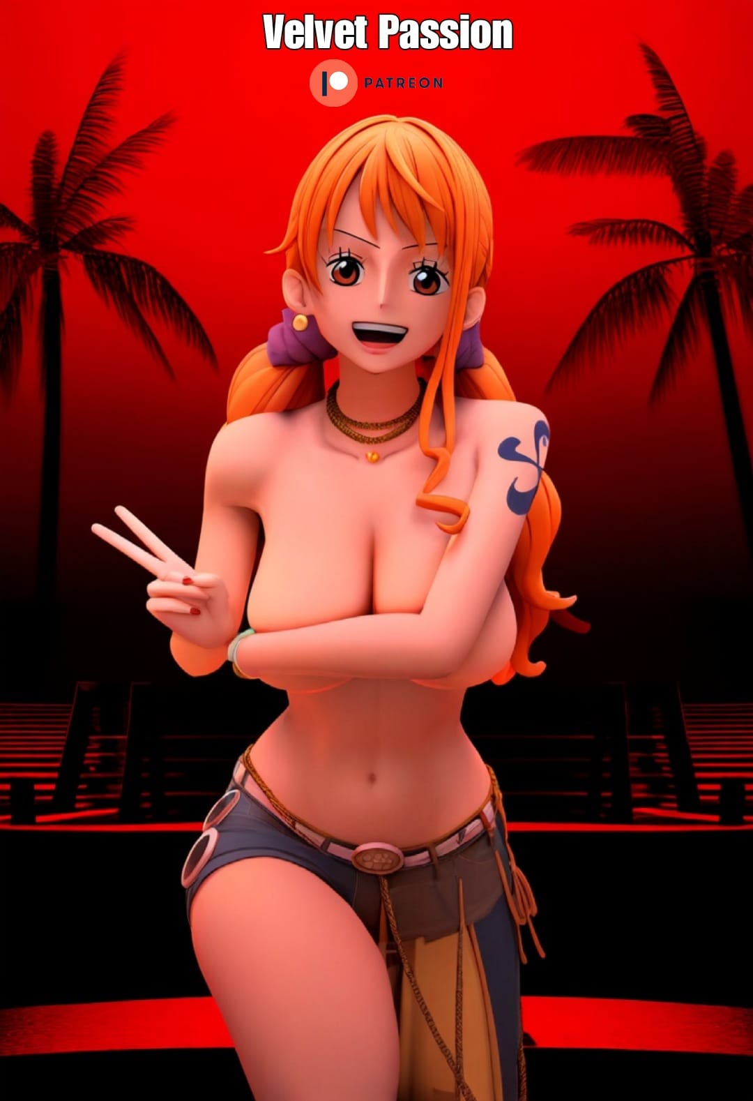 1girls 3d ai_generated breasts female female_only nami nami_(one_piece) one_piece peace_sign post-timeskip solo topless velvetpassion