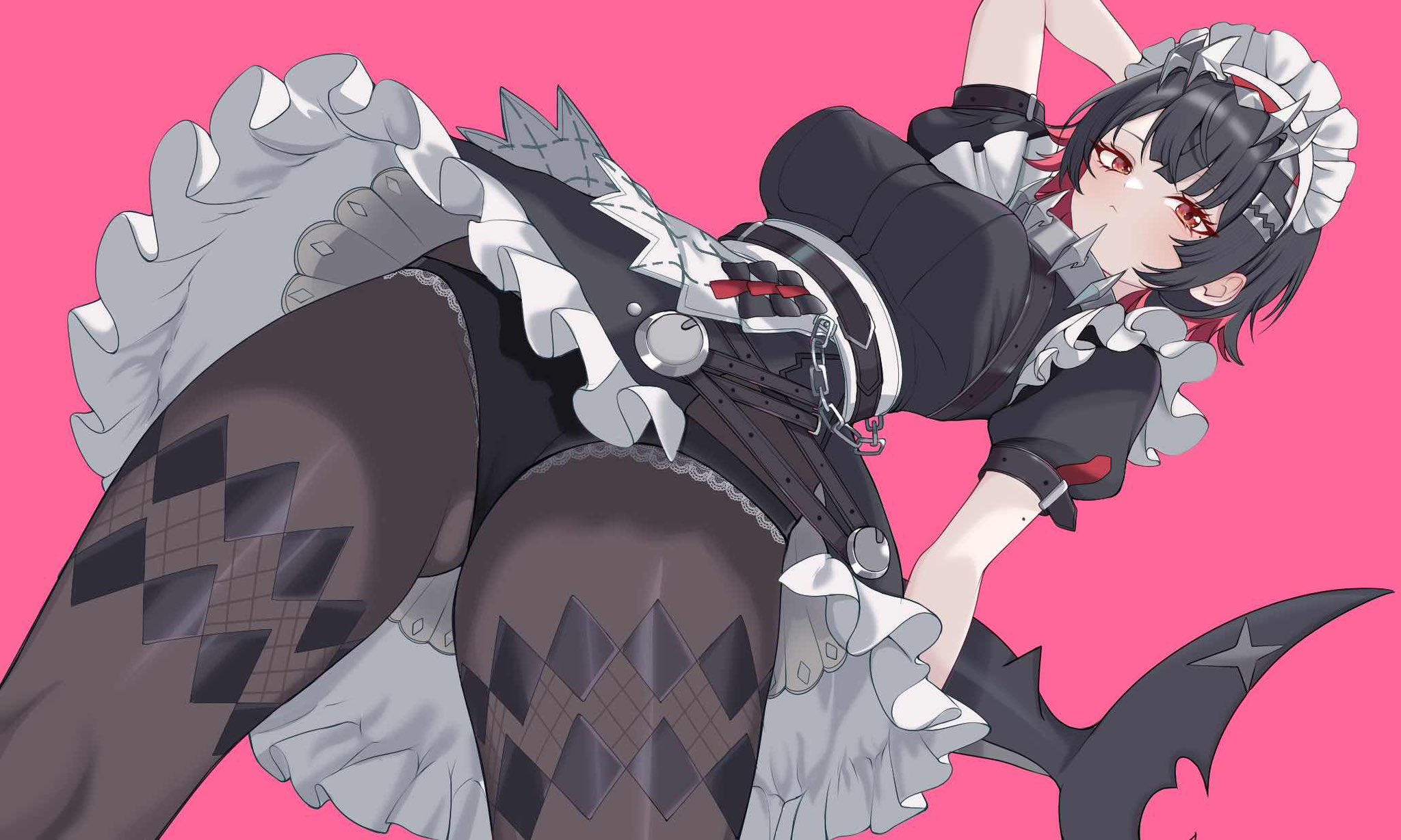 1girls, 2026, black hair, black panties, breasts, closed mouth, color, colored, digital media (artwork), ellen joe, female, female only, hair, hi res, hoyoverse, huge thighs, inami (x spidekawaii x), legs, legwear, light skin, light-skinned female, low-angle view, maid, maid headdress, maid outfit, mihoyo, multicolored hair, one arm behind head, panties, pink background, red eyes, red hair, shark girl, shark tail, short hair, simple background, solo, tail, thick thighs, thighs, zenless zone zero