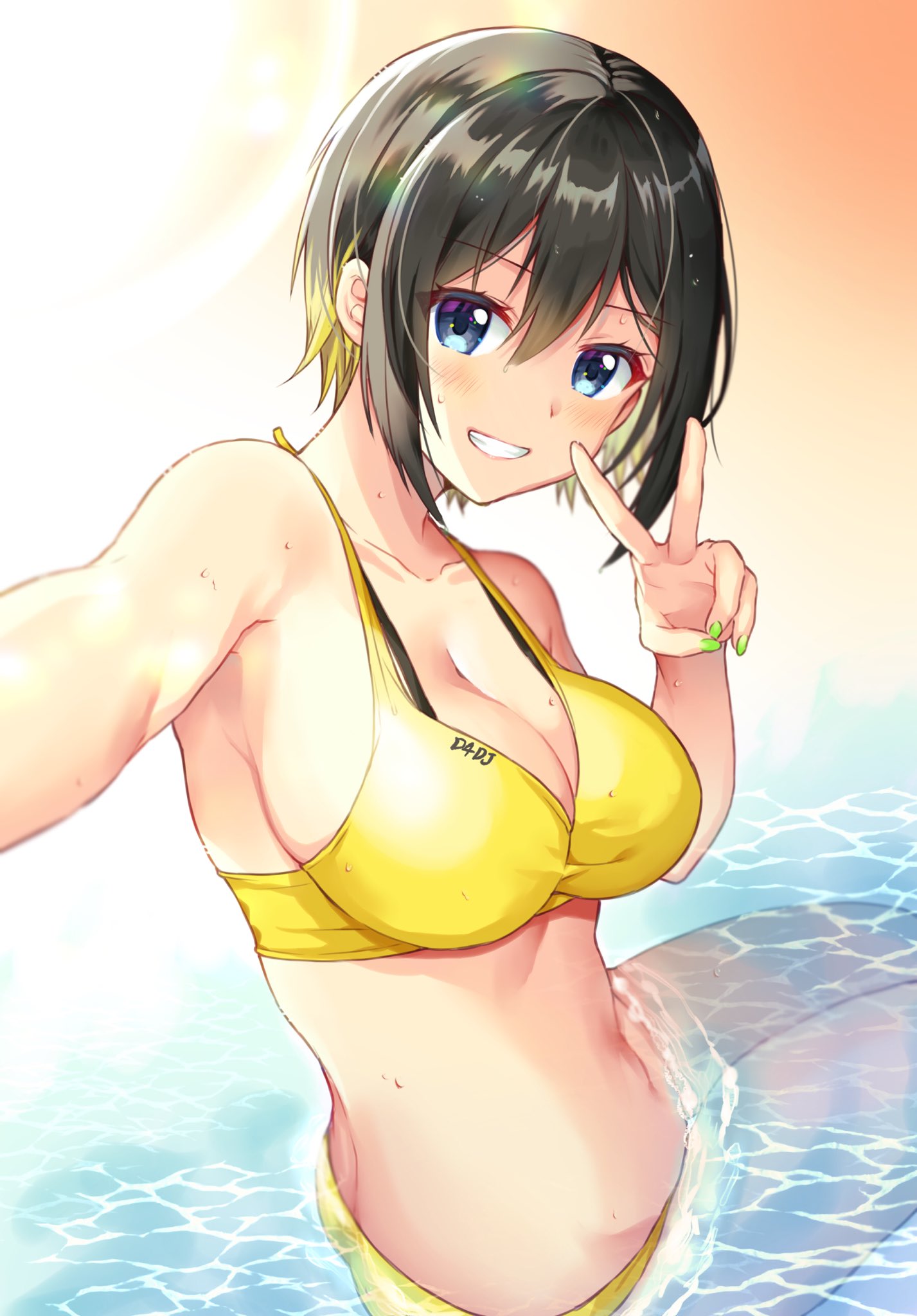 akashi_maho armpits breasts d4dj in_water peace_sign selfie sitting swimsuit wet yam_(yamap_mako)