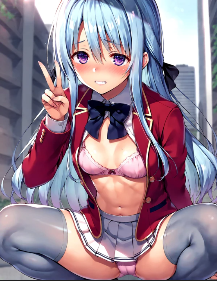 1girl advanced_nurturing_high_school_uniform ai_generated belly_button blue_bow blue_hair blushing classroom_of_the_elite clenched_teeth kiroyan leggings long_hair outside peace_sign pink_bra pink_panties pink_underwear posing_for_the_viewer purple_eyes red_blazer school_uniform shiina_hiyori short_skirt showing_panties skirt squatting thick_thighs unbuttoned_jacket white_skirt