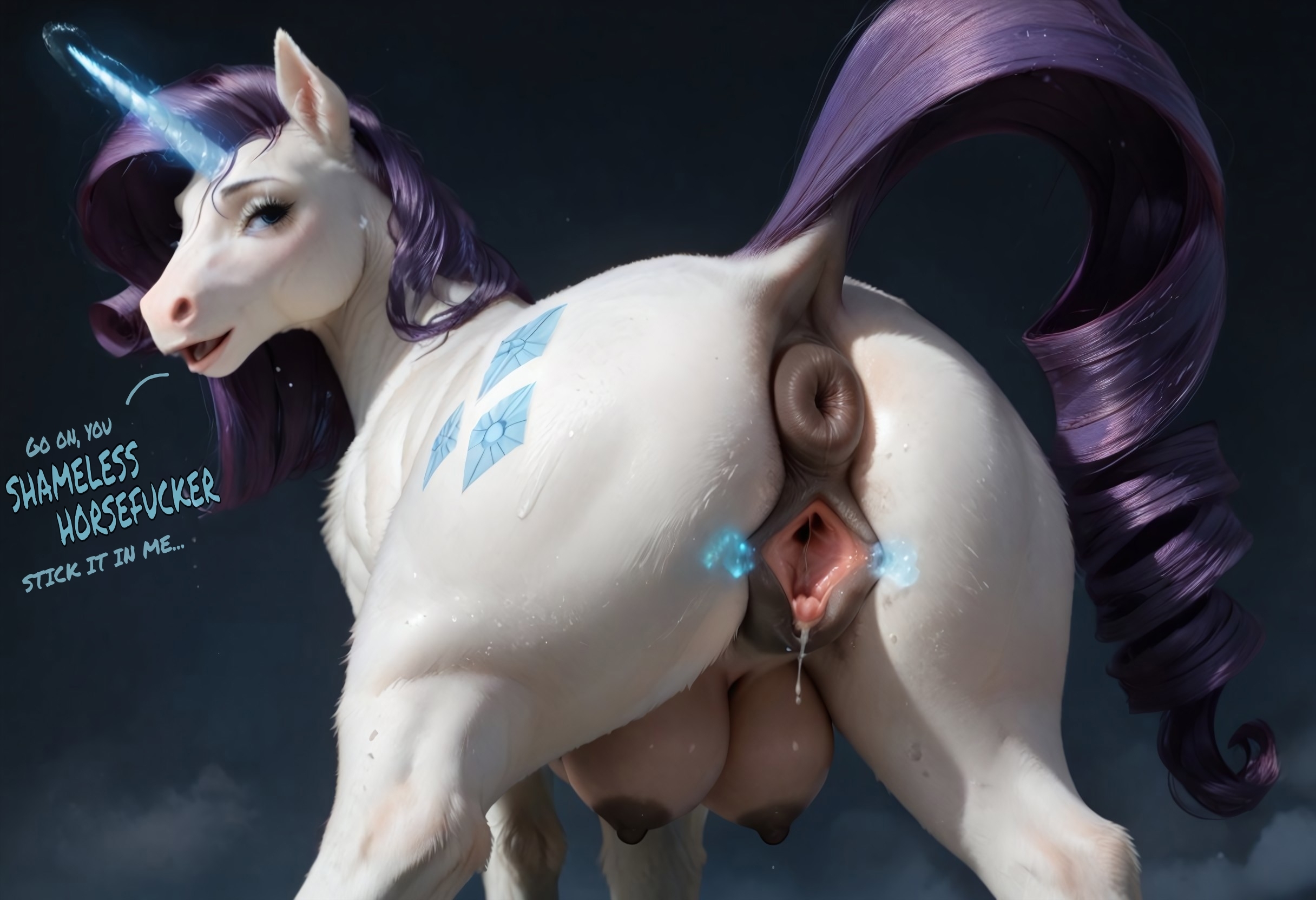 ai generated, animal genitalia, animal pussy, anus, ass, breasts, crotchboobs, crotchboobs visible through thighs, cutie mark, equid, equine, equine genitalia, equine pussy, female, feral, friendship is magic, furry, hasbro, horse, my little pony, non-human areolae, pony, pussy, rarity (mlp), tail, unicorn, white body, white fur