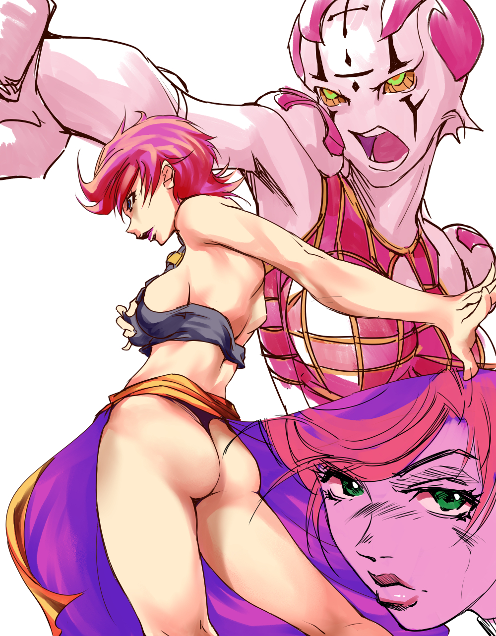 2girls angry armpits ass breasts choker female green_eyes human humanoid jojo's_bizarre_adventure kemi_(kemi433) light-skinned_female light_skin looking_at_viewer open_mouth pink_hair pink_skin pose sexy_armpits short_hair shounen_jump sideboob skirt spice_girl stand_(jjba) toned toned_female trish_una vento_aureo