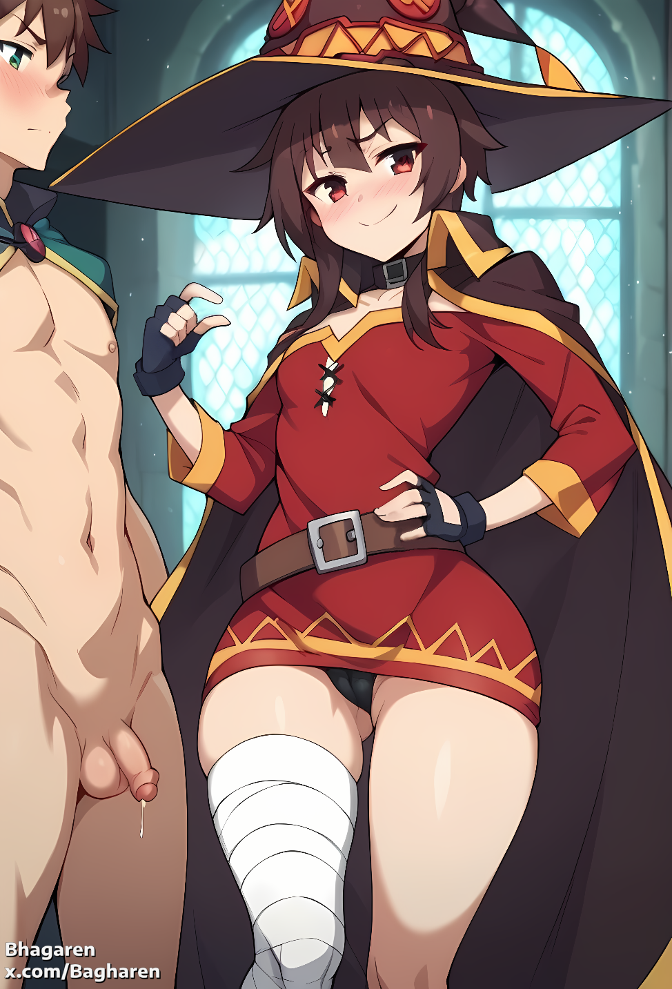 1boy 1boy1girl 1girls ai_generated bagharen bandages black_panties blush brown_hair cape clothed_female_nude_male fingerless_gloves flaccid flat_chest foreskin green_eyes highres humiliation kono_subarashii_sekai_ni_shukufuku_wo! megumin navel nipples penis precum red_dress red_eyes satou_kazuma self_upload short_dress short_hair sidelocks skindentation slim_waist small_penis small_penis_gesture small_penis_humiliation smile testicles thighs wide_hips witch_hat