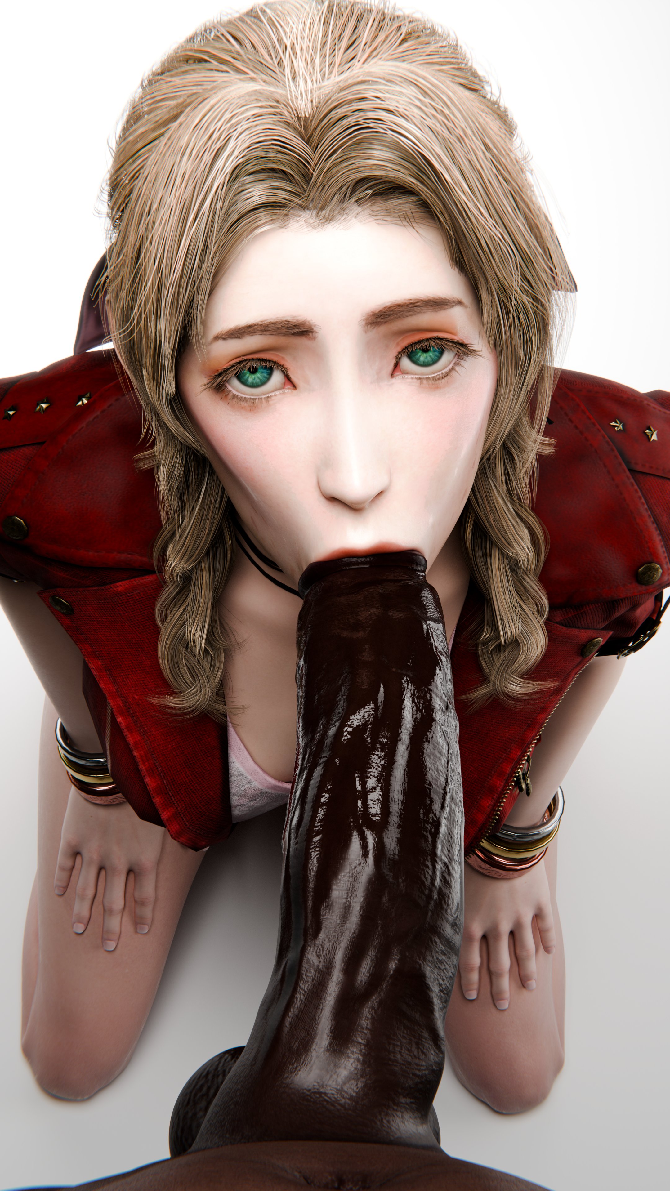 1boy, 1girls, 3d, aerith gainsborough, blowjob, bracelet, brown hair, cabezadeperro00, caucasian female, dark skin, dark-skinned male, dominance, eye contact, fellatio, female, final fantasy, final fantasy vii, green eyes, interracial, kneeling, looking at viewer, male, partial male, penis, red jacket, sucking penis, sucking tip