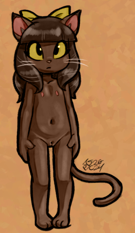 2024 2025 anthro biped bowtie color_edit colored cub domestic_cat felid feline felis female fingers genitals hair ivy_pepper lackadaisy mammal narrow_hips navel nipples nude pussy simple_background solo soulcentinel squitoo_(colorist) standing tail thin_calves thin_legs whiskers yellow_sclera young young_anthro young_female