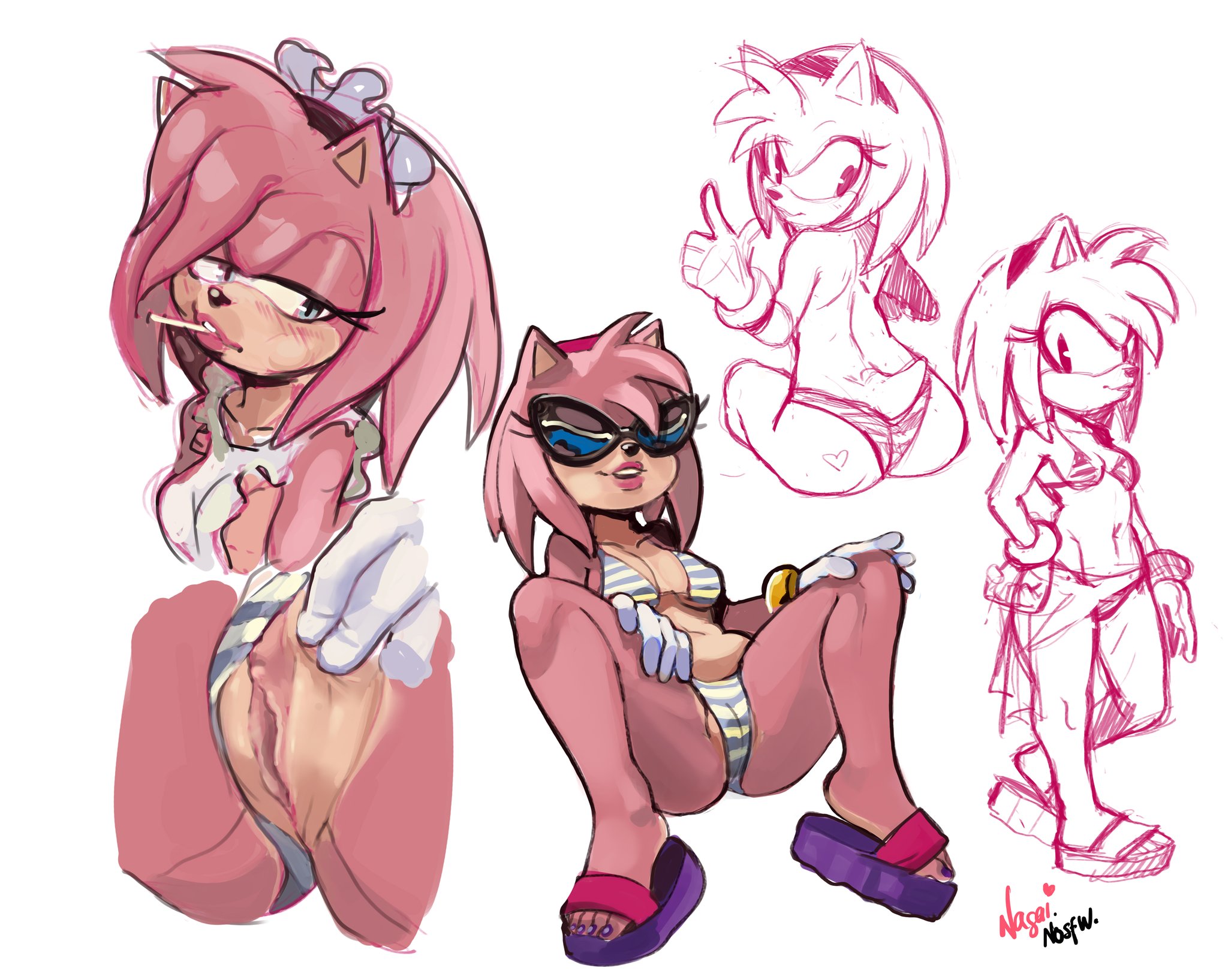 amy rose, anthro, ass, bikini, breasts, cameltoe, clitoris, erect clitoris, eyelashes, female, female only, furry, gloves, hat, hedgehog, lipstick, nagainosfw, pink fur, pussy, sandals, sega, sonic (series), sunglasses, teasing, topless