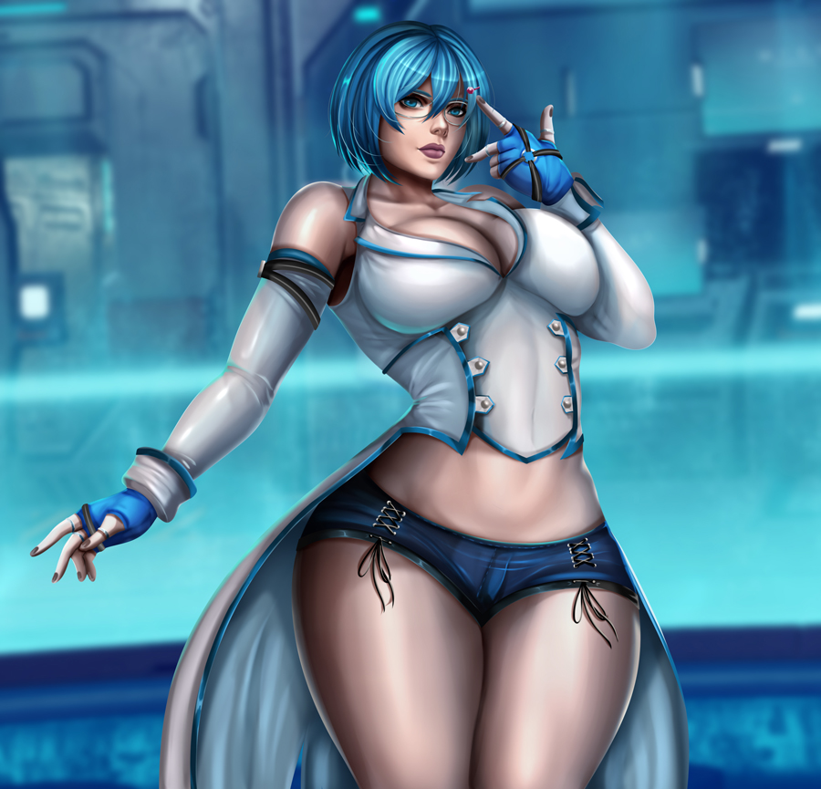 1girls abs ass belly big_ass big_breasts blue_background blue_eyes blue_hair breasts cleavage clothed coat dead_or_alive female female_only flowerxl glasses gloves human large_breasts looking_at_viewer midriff nico_(doa) ring shorts solo standing thick_thighs thumb_ring wide_hips