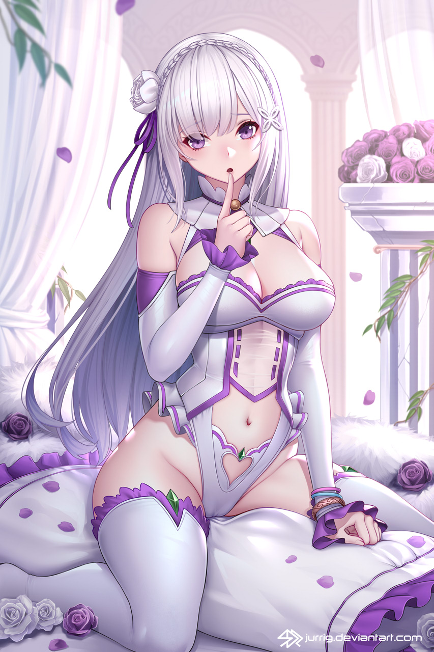 1girls :o adapted_costume bare_midriff bare_shoulders bare_thighs blush bracelet braid breasts cameltoe cleavage cleavage_cutout clothing_cutout commission crown_braid detached_sleeves deviantart_username emilia_(re:zero) female female_only finger_to_mouth flower frilled_pillow frills grey_hair groin hair_flower hair_ornament hair_ribbon highres index_finger_raised indoors jewelry jurrig large_breasts leotard long_hair long_sleeves looking_at_viewer midriff navel navel_cutout open_mouth petals pillar pillow pixiv_commission purple_eyes purple_ribbon re:zero_kara_hajimeru_isekai_seikatsu revision ribbon rose_petals sitting solo stomach straddling thighhighs thighs white_flower white_leotard white_thighhighs x_hair_ornament