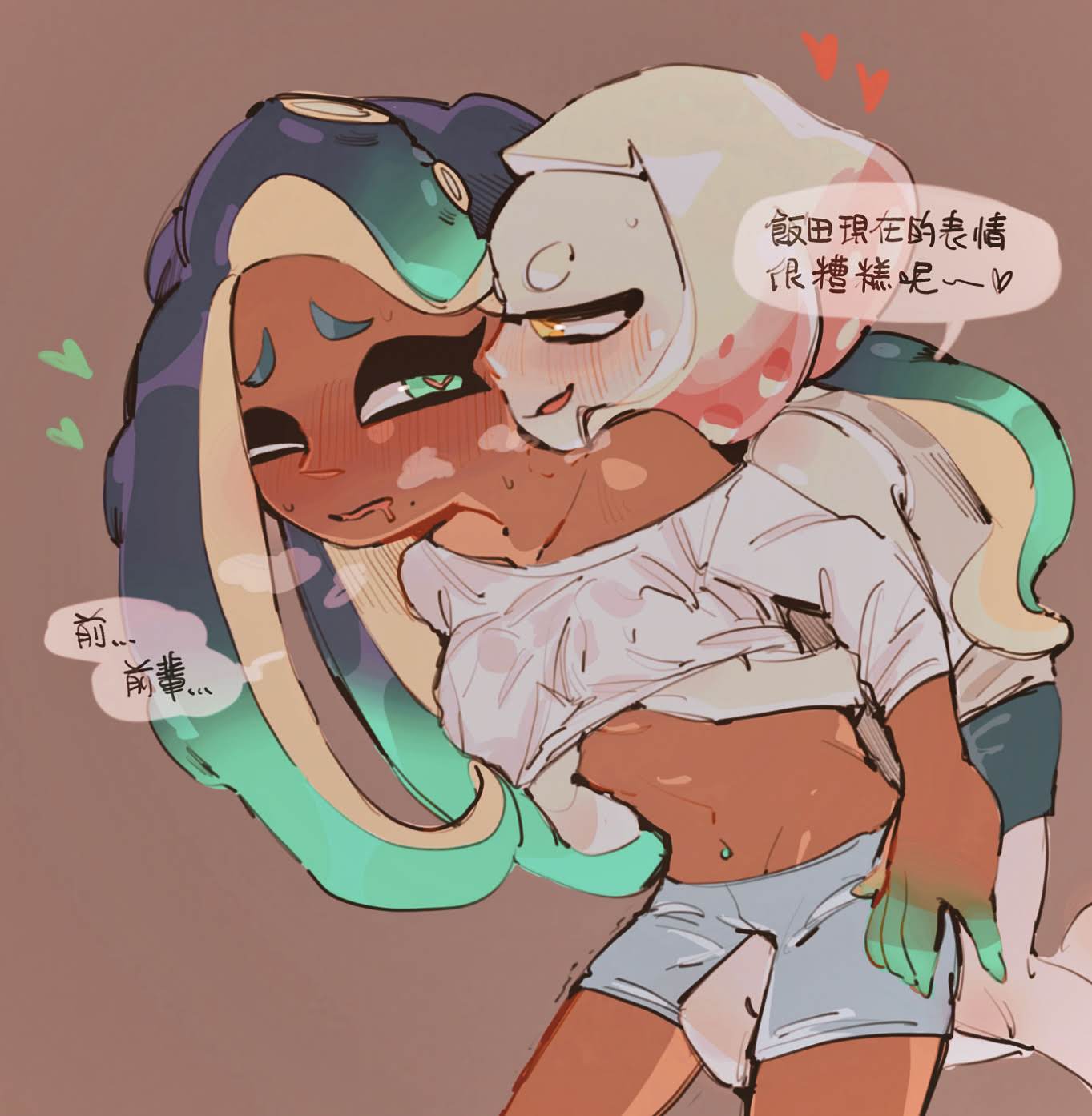 2girls bite_mark bite_mark_on_neck black_hair blush breast_grab brown_background chinese_text clothed_sex color dialogue drooling fully_clothed green_eyes green_highlights grinding groping groping_breasts groping_from_behind half-closed_eyes heart heart-shaped_pupils inkling long_hair looking_at_another looking_pleasured lying lying_on_side marina_(splatoon) mischievous_smile mole mole_under_mouth navel_piercing nimae04 octoling one_eye_closed pearl_(splatoon) piercing pink_highlights romantic romantic_couple short_hair smile speech_bubble splatoon splatoon_2 splatoon_3 spoken_heart sweatdrop teasing tentacle_hair visible_breath white_hair wholesome yellow_eyes yuri