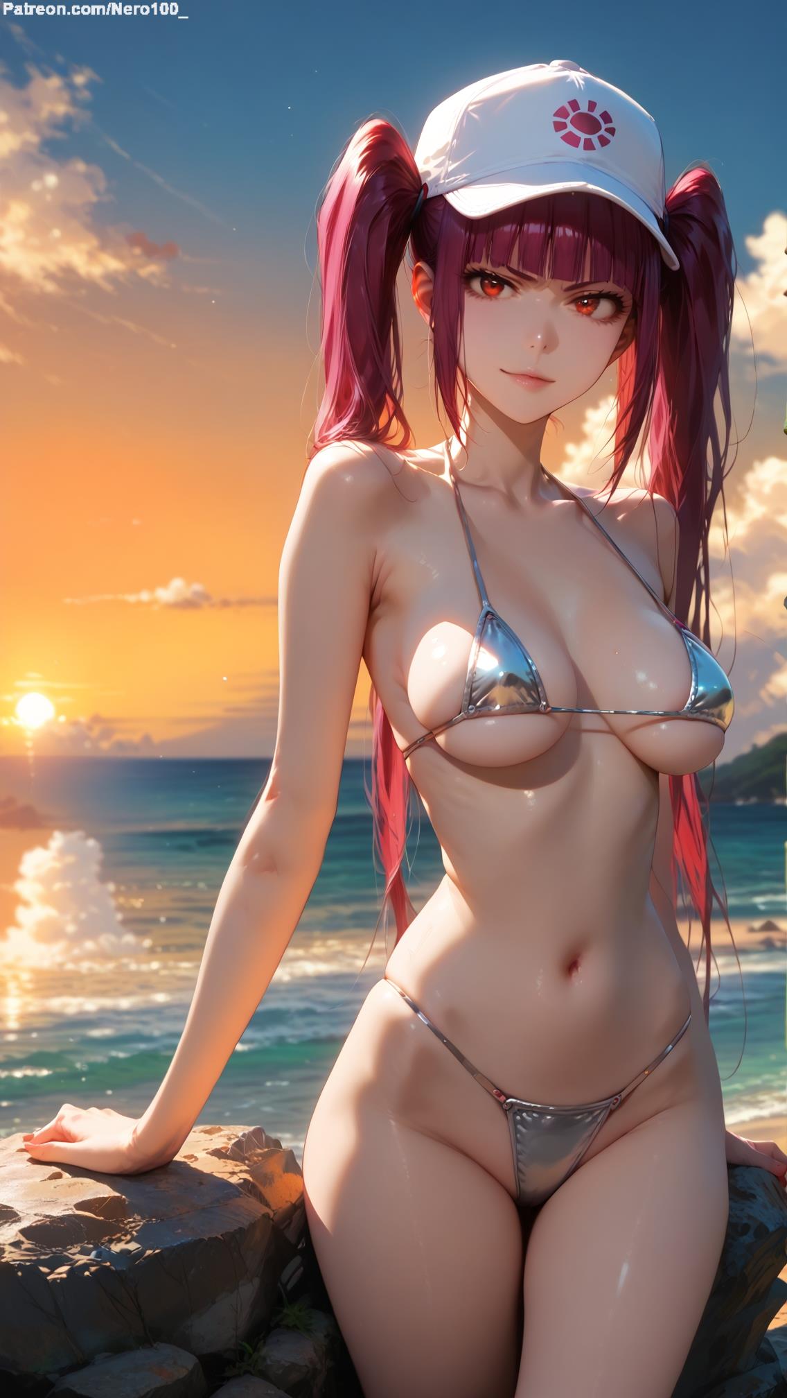 ai_generated beach big_breasts bikini bikini_bottom bikini_top bleach bleach:_the_thousand-year_blood_war dokugamine_riruka double_ponytail fit large_breasts light-skin light-skinned_female long_hair medium_breasts nero100 outdoors outside pale-skin pale-skinned_female perky_breasts pink_eyes pink_hair ponytail side_ponytail skinny slim_waist sunset teenage_girl teenager young