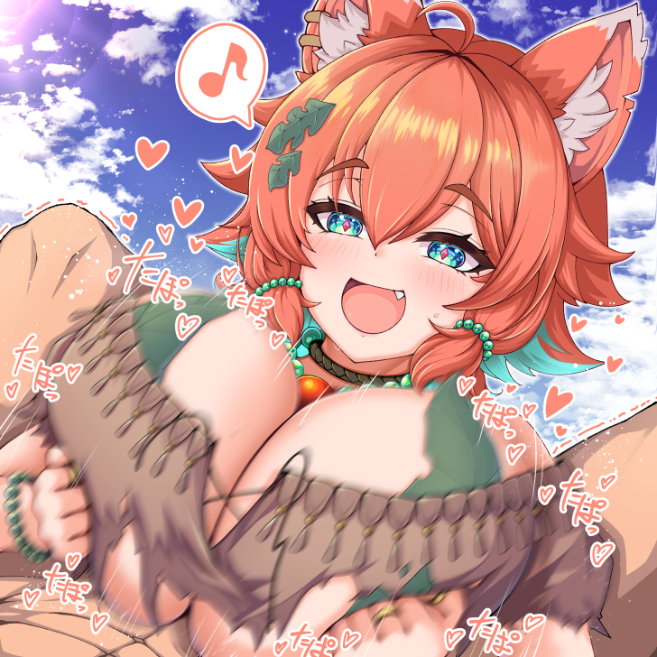 1boy :d ahoge animal_ear_fluff animal_ear_piercing animal_ears bandeau bead_necklace beads blue_eyes blue_sky blush breasts breasts_squeezed_together brown_bandeau brown_tube_top diamond-shaped_pupils diamond_(shape) dutch_angle female flipped_hair hair_between_eyes hair_ornament heart jewelry kurarika leaf_bra leaf_hair_ornament leaf_pasties motion_blur mozumi_pichi mozumi_pichi_(1st_costume) musical_note necklace oerba_yun_fang orange_hair outdoors paizuri paizuri_under_clothes ring short_hair sky smile solo_focus spoken_musical_note straight strapless symbol-shaped_pupils torn_bandeau trembling tube_top v-dere virtual_youtuber wolf_ears wolf_girl