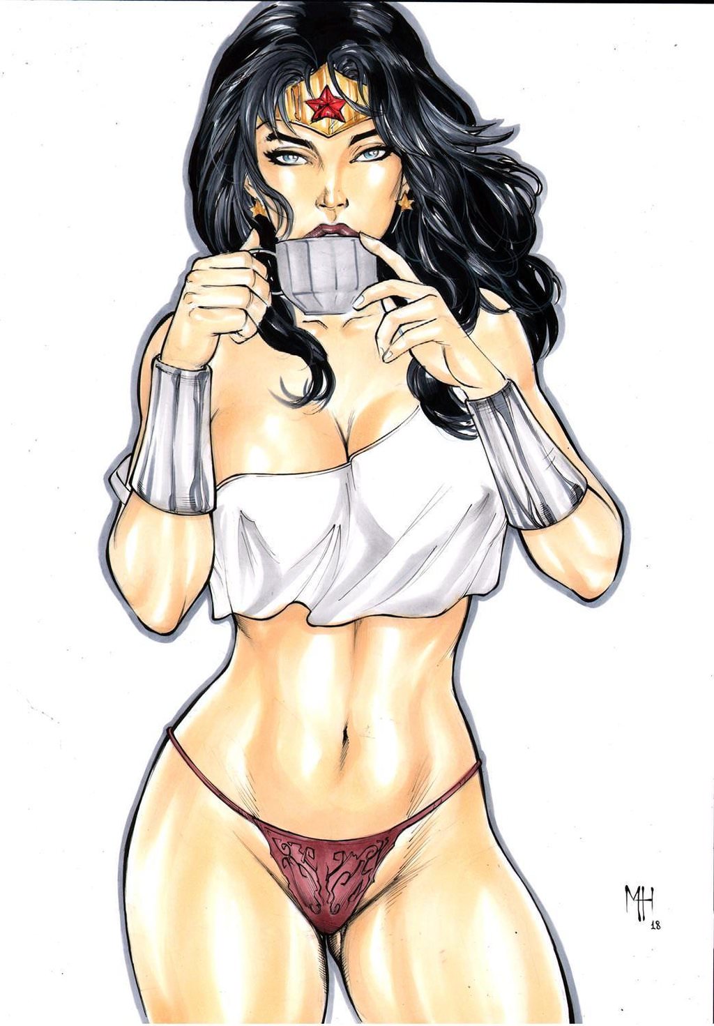 1girls 2018 amazon bedroom_eyes big_breasts black_hair blue_eyes bracers breasts busty cleavage cup curvy dated dc dc_comics diana_prince earrings ed_benes_studio female female_only goddess human justice_league lingerie long_hair matheushenrique_(artist) midriff no_bra panties red_lingerie red_lips red_lipstick red_panties scan_artifacts shirt signature simple_background solo star_earrings stomach tea teacup themysciran tiara traditional_media_(artwork) voluptuous white_background white_shirt wonder_woman wonder_woman_(series)