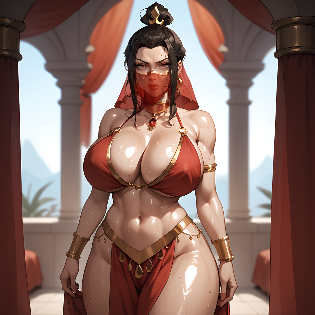 ai_generated arabian_clothes avatar_the_last_airbender azula black_hair dancer_outfit eogard_orc exotic exotic_dancer face_veil gold_jewelry loincloth massive_breasts oiled oiled_skin red_eyes self_upload stable_diffusion