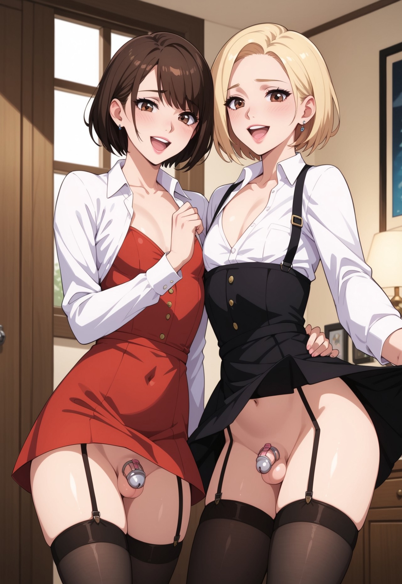 2boys, 2femboys, ai generated, blonde hair, brown eyes, brown hair, chastity cage, dress, earrings, femboy, garter straps, germansissy, happy, holding waist, indoors, looking at viewer, male, male only, mascara, shirt, short hair, sissy, smile, thighhighs, white shirt