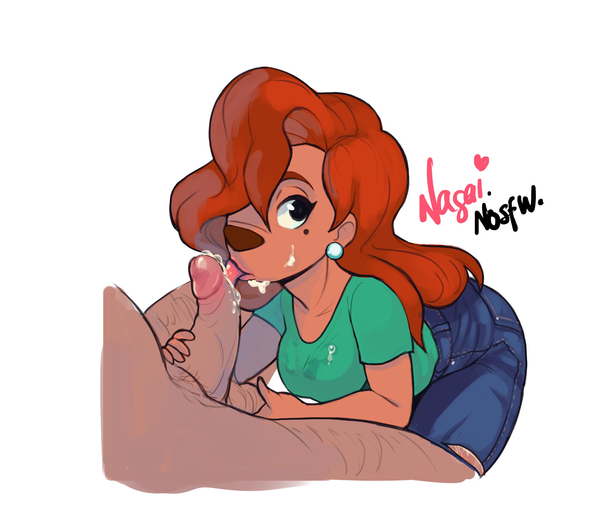 a goofy movie, bent over, clothing, cum, cum on body, cum on face, cumshot, disney, fellatio, female, goof troop, green shirt, higher resolution available, licking, licking penis, long hair, male, nagainosfw, oral, pants down, penis, red head, roxanne (goof troop), shirt