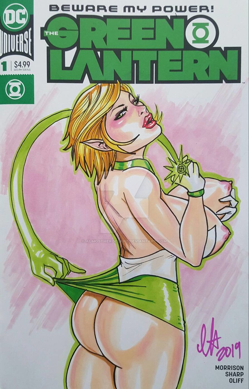 1girls alien alien_girl almostheroesart arisia_rrab blonde_hair dc dc_comics female female_only green_lantern green_lantern_(series) green_lantern_corps pointy_ears solo traditional_media_(artwork) watermark