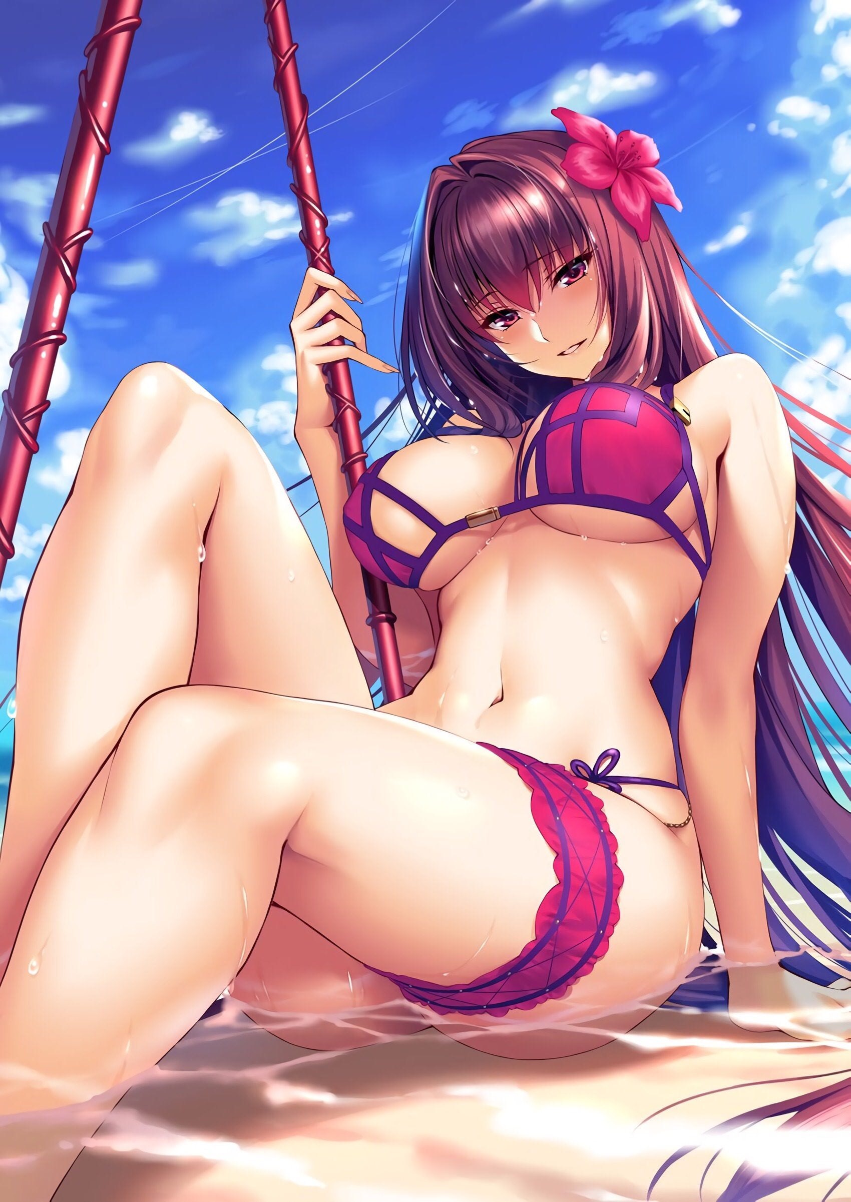 beach, breasts, fate (series), fate/grand order, female, female only, large breasts, long hair, looking at viewer, purple hair, red eyes, scathach (fate), scathach (swimsuit assassin), shiny, shiny skin, swimsuit, tagme, water, wet