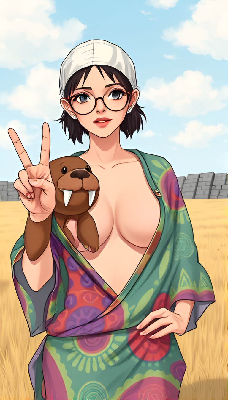 1girl 1girls ai_generated anime bare_breasts based_on_a_song based_on_song brown_eyes brown_hair cleavage clouds exposed_breasts field hand_on_hip light-skinned_female open_clothes open_shirt original_character peace_sign plushie psychedelic psychedelic_outfit round_glasses short_hair wall walrus walrus_plushie white_cap