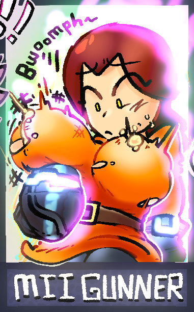 1girls arm_cannon belt breast_expansion breasts cannon cropped generalplorp glowing glowing_eyes huge_breasts lactating mii_gunner mii_gunner_(smash_4) orange_dress surprised torn_clothes