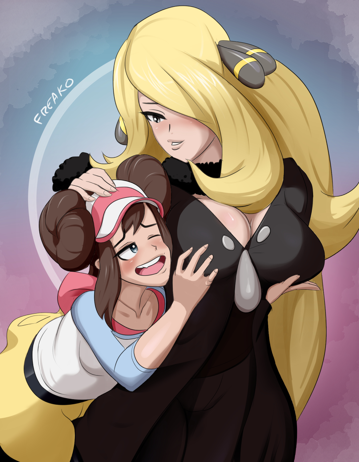 2girls, age difference, big breasts, blonde hair, blue eyes, breast grab, breasts, brown hair, champion, cleavage, clothed, cynthia (pokemon), female, female only, female pervert, female protagonist, freako, grope, groping, hair over one eye, human, nintendo, pokemon, pokemon bw2, pokemon dppt, rosa (pokemon), text, thick thighs, watermark, wide hips, yuri