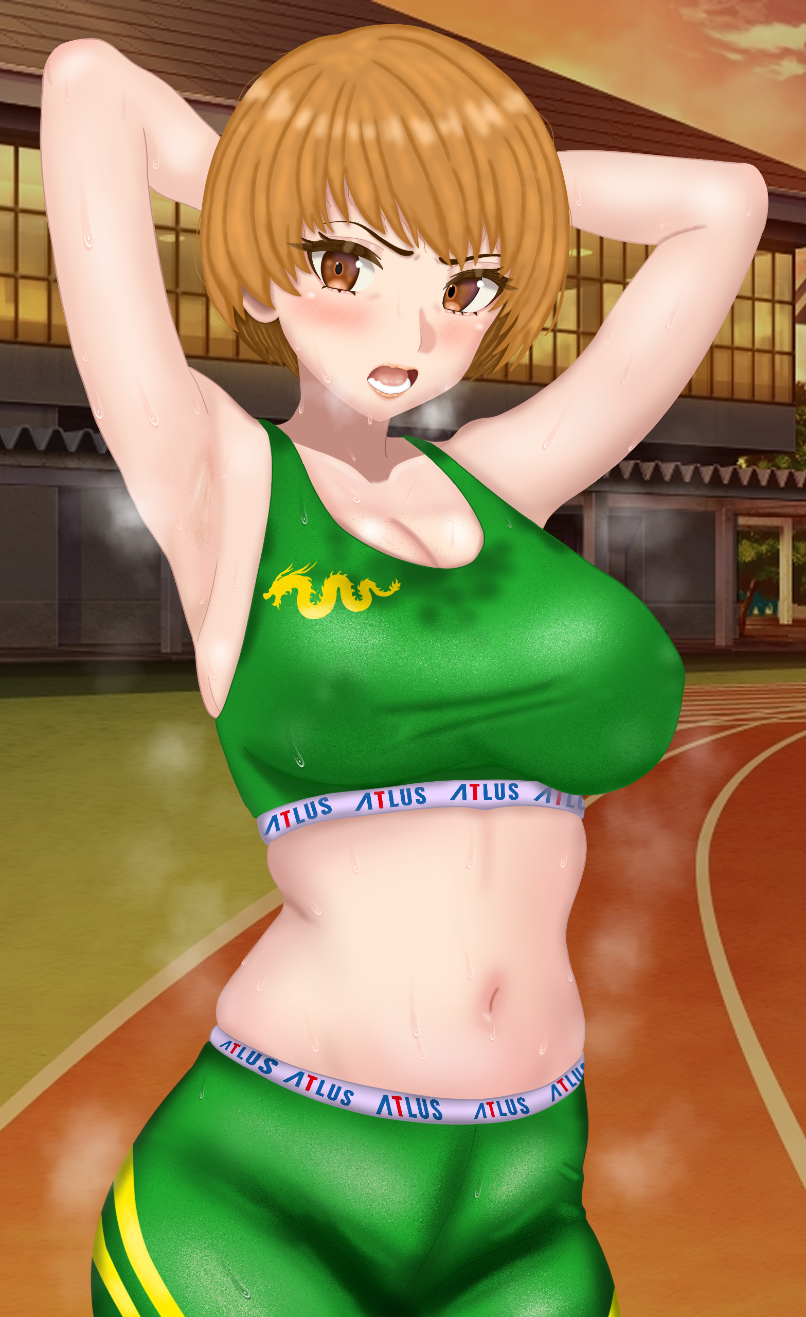 1girls, after exercise, alternate breast size, angry, angry expression, angry eyes, angry face, annoyed, annoyed expression, annoyed face, armpit, armpit crease, armpit fetish, armpit focus, armpit peek, armpit stubble, armpits, arms behind head, arms up, atlus, bare shoulders, belly, belly button, blush, blushing at viewer, bob cut, brown eyes, brown hair, chie satonaka, collarbone, cowboy shot, disgust, disgusted, disgusted expression, disgusted face, disgusted look, dragon, eddarxart, exercise, exercise clothing, female, green leggings, green legwear, green sports bra, heavy breathing, large breasts, leggings, looking at viewer, midriff, navel, open mouth, persona, persona 4, persona 4 the golden, pov, running track, satonaka chie, short hair, short hair female, skindentation, smell, smelly, smelly armpits, sole female, solo, solo focus, sports, sports bra, sports uniform, sportswear, standing, steaming, steaming body, steaming breath, stink fumes, stinky, stomach, sweat, sweat on face, sweat on stomach, sweat stain, sweatdrop, sweating, sweating female, sweating profusely, sweaty, sweaty body, sweaty clothes, sweaty clothing, thighs, tired, tomboy, tomboyish, toned, toned female, toned stomach, track, track and field, track uniform, training, training bra, very short hair, wet clothes, wet clothing
