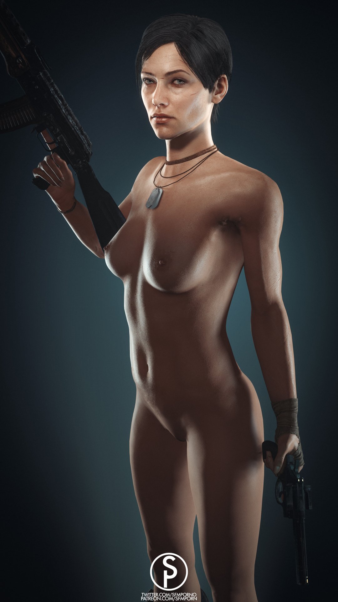 1girls 3d 5_fingers ak-74 anna_miller_(metro) areolae assault_rifle breasts casual_nudity deep_silver dog_tags female female_only looking_at_viewer metro_(series) metro_2033 metro_exodus nipples nude revolver sfmporn_(artist) solo source_filmmaker weapon