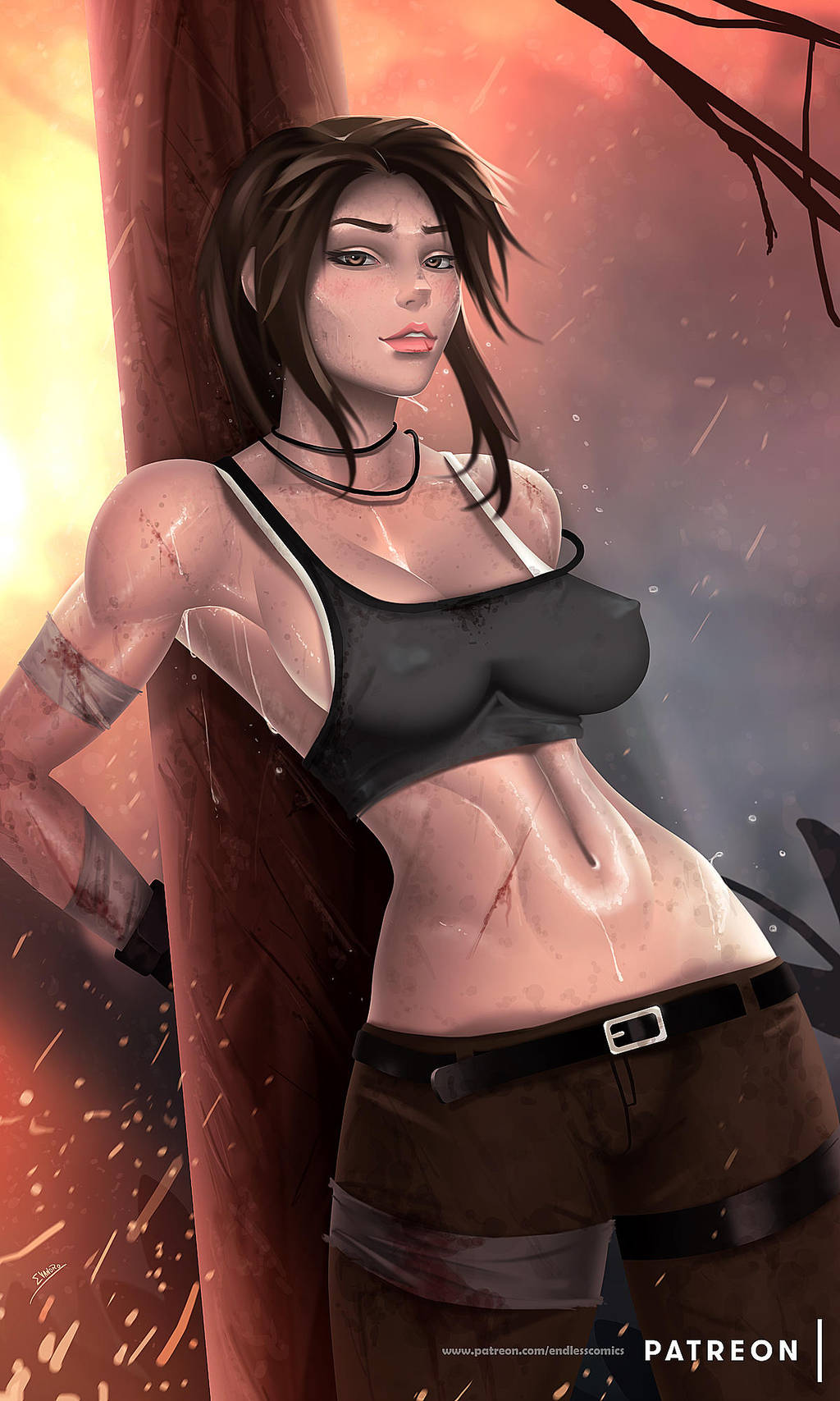 adventurer amber_eyes archaeologist bandages belt big_breasts blood blood_stain bondage bound bra breasts brown_hair brown_pants busty captured curvy cuts dirty erect_nipples evandromenezes female female_only grey_shirt human injured injury inviting lara_croft lara_croft_(survivor) looking_at_viewer midriff necklace nipples nipples_visible_through_clothing pants patreon peril pink_lips pokies pole seductive solo sparks stomach suggestive_look tomb_raider tomb_raider_(survivor) toned toned_female voluptuous white_bra