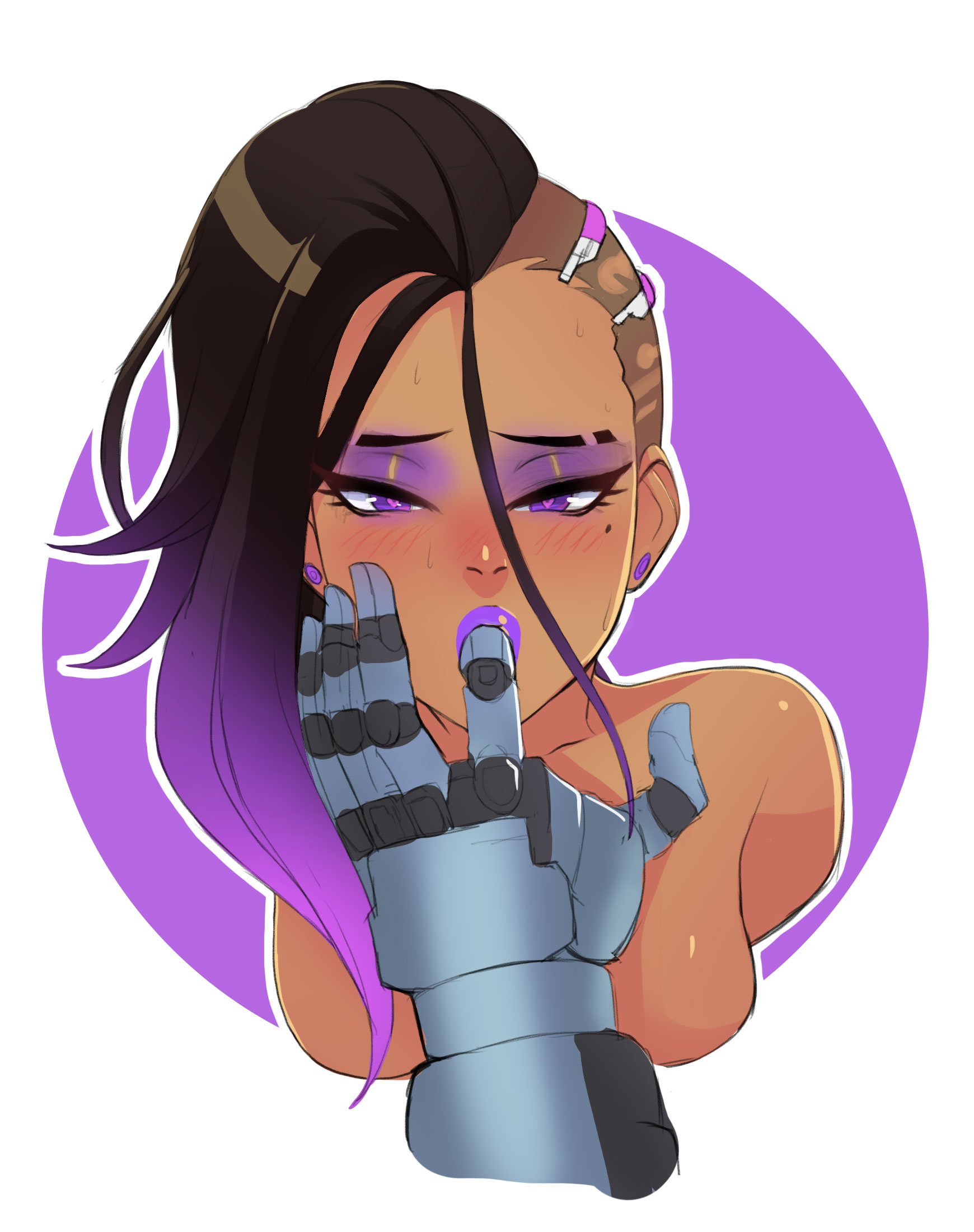 1boy, 1girls, asymmetrical hair, black hair, blizzard entertainment, blush, breasts, brunette, cole cassidy, dark skin, dark-skinned female, disembodied hand, eye contact, eyebrow slits, eyelashes, eyeshadow, faceless male, female, finger in another's mouth, finger in mouth, finger sucking, finger to mouth, greenmarine, heart-shaped pupils, hispanic, latina, lipstick, looking at viewer, makeup, male, male pov, maledom, mexican, mole, mole under eye, multicolored hair, naughty face, nude, overwatch, petite, pleasure face, pov, punk, punk girl, purple eyes, purple eyeshadow, purple hair, purple lipstick, purple makeup, seductive eyes, seductive mouth, shaved side, sidecut, slim, sombra, submissive female, two-tone hair, undercut, white background