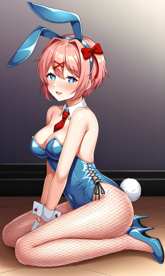 :d ai_generated bangs blue_bunny_ears blue_bunnysuit blue_eyes blue_heels blush bow_in_hair bunnysuit collar coral_pink_hair cosplay costume doki_doki_literature_club female fishnets gloves halloween kneeling looking_at_viewer on_the_floor pixai rabbit_ears rabbit_hole_(cosplay) red_bow red_tie sayori_(doki_doki_literature_club) short_hair smile tie wooden_floor wrist_cuffs