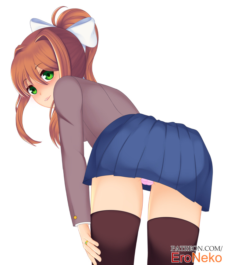 absolute_territory bent_over doki_doki_literature_club eroneko female female_only from_behind fully_clothed looking_at_viewer looking_back monika_(doki_doki_literature_club) panties panty_peek pantyshot showing_panties skirt_lift skirt_up