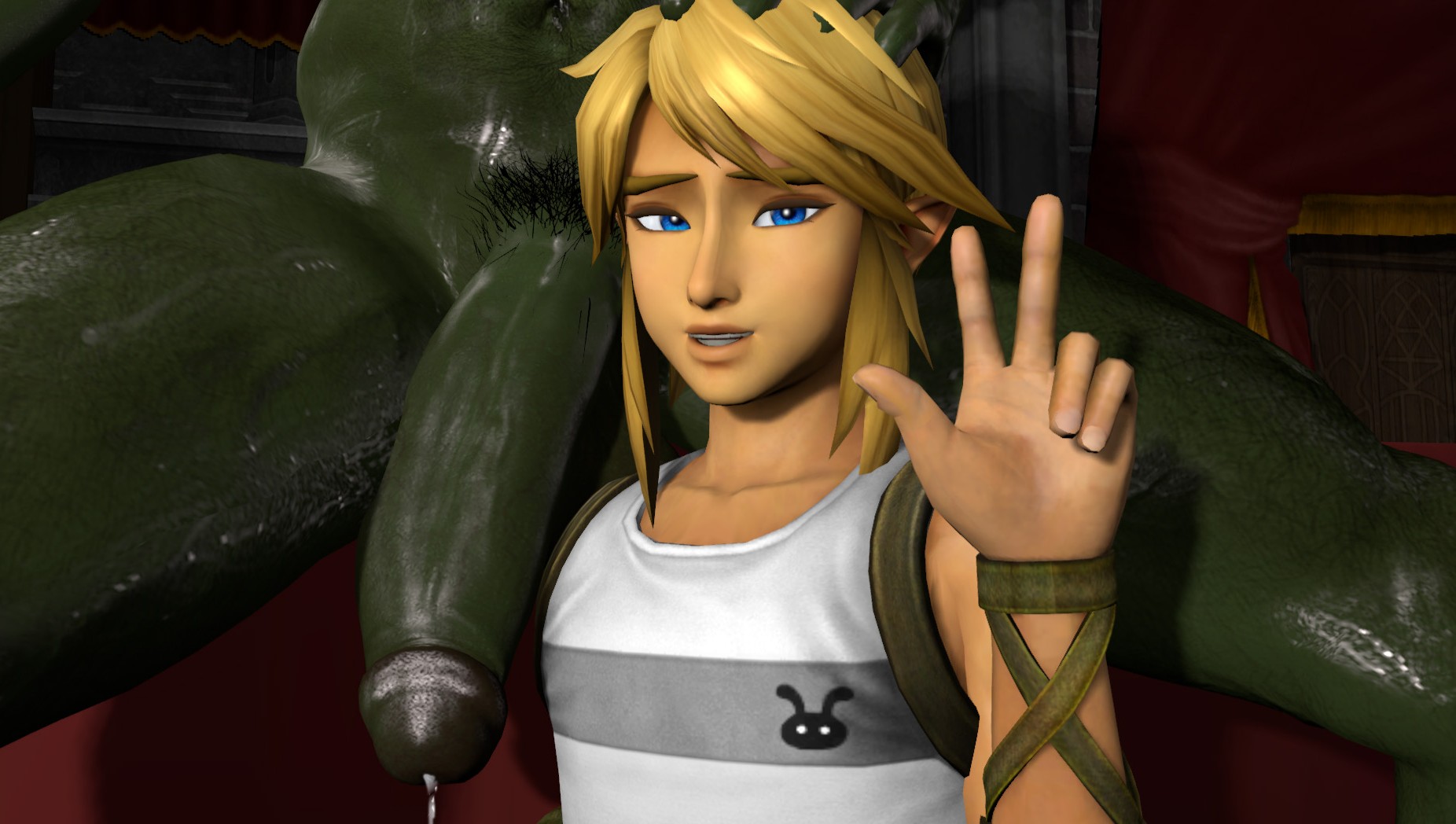 3d, big penis, boner, erection, femboy, ganondorf, gay, hyrule warriors, link, link (hyrule warriors), looking at viewer, male, male only, onyx1886, penis, penis worship, the legend of zelda, v, yaoi