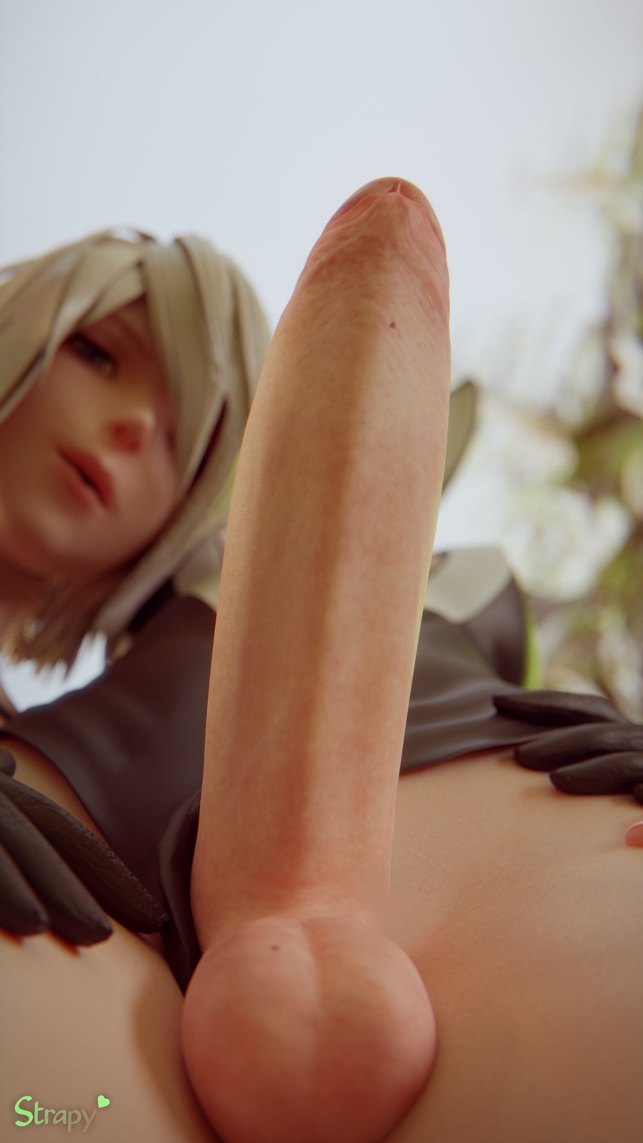 1girls, 3d, balls, blender, dickgirl, erection, female, futanari, intersex, looking at viewer, nier, nier: automata, penis, strapy, taker pov, testicles, yorha 2b, yorha a2
