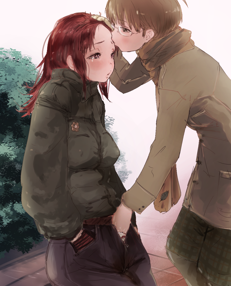 2girls adjusting_another's_hair blush brown_hair bush down_jacket fingering glasses green_jacket hand_in_another's_panties hand_in_another's_pants jacket juju_(poipoipui) leaf_print long_hair multiple_girls outdoors public_indecency red_hair scarf short_hair somei_hana tearing_up world_trigger yuri