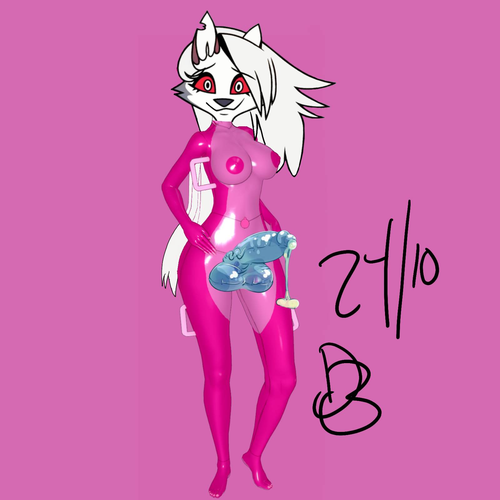 cum cum_drip daddy_bandit_(artist) edit furry futanari handles helluva_boss inflatable loona_(helluva_boss) pink_background red_eyes sex_doll white_hair