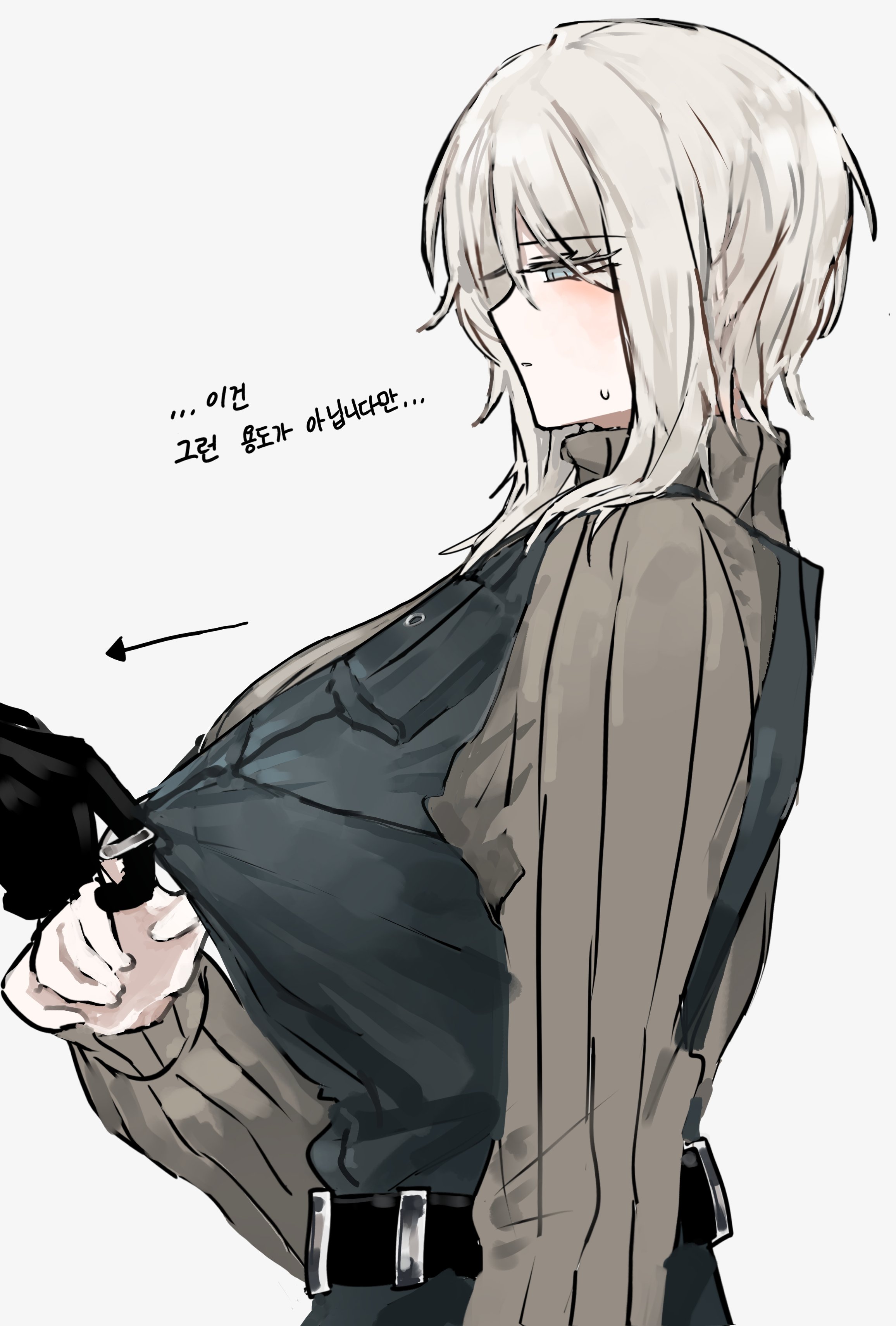 ambiguous gender, big breasts, blue eyes, blush, breasts, clothes pull, dante (limbus company), faust (limbus company), female, frown, limbus company, naughty 0b, project moon, sweat, sweatdrop, sweater, vest, white hair