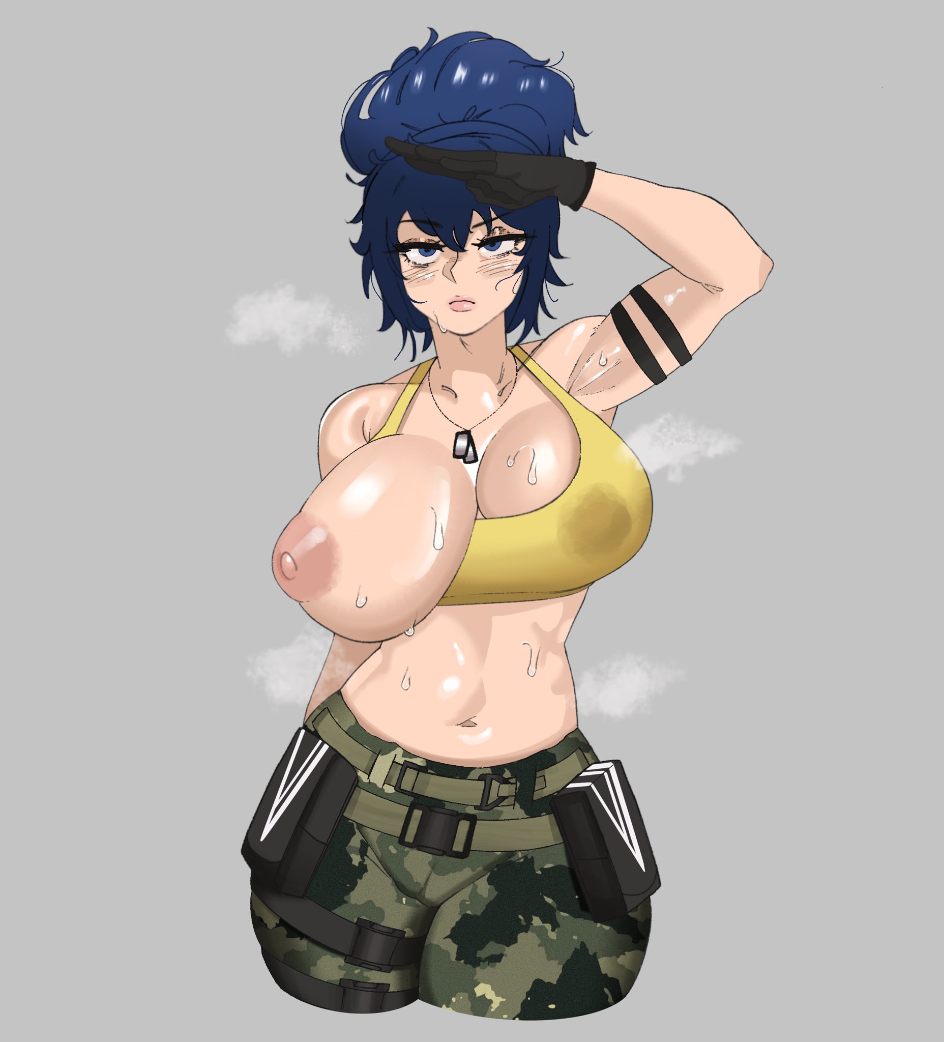 1girls, 2d, abs, after exercise, big breasts, blue eyes, blue hair, breasts out, camo print, camouflage, clothed, clothed female, dogtags, female, female focus, fog, gloves, huge breasts, king of fighters, leona heidern, light skin, light-skinned female, long hair, looking at viewer, military, mostly clothed, one breast out, pale skin, pale-skinned female, salute, snk, sunzo05, sweat, sweatdrop, sweating, sweaty, sweaty body, tactical gear, tagme, tank top, thick, tits out, tomboy, wardrobe malfunction, wet stain, yellow shirt