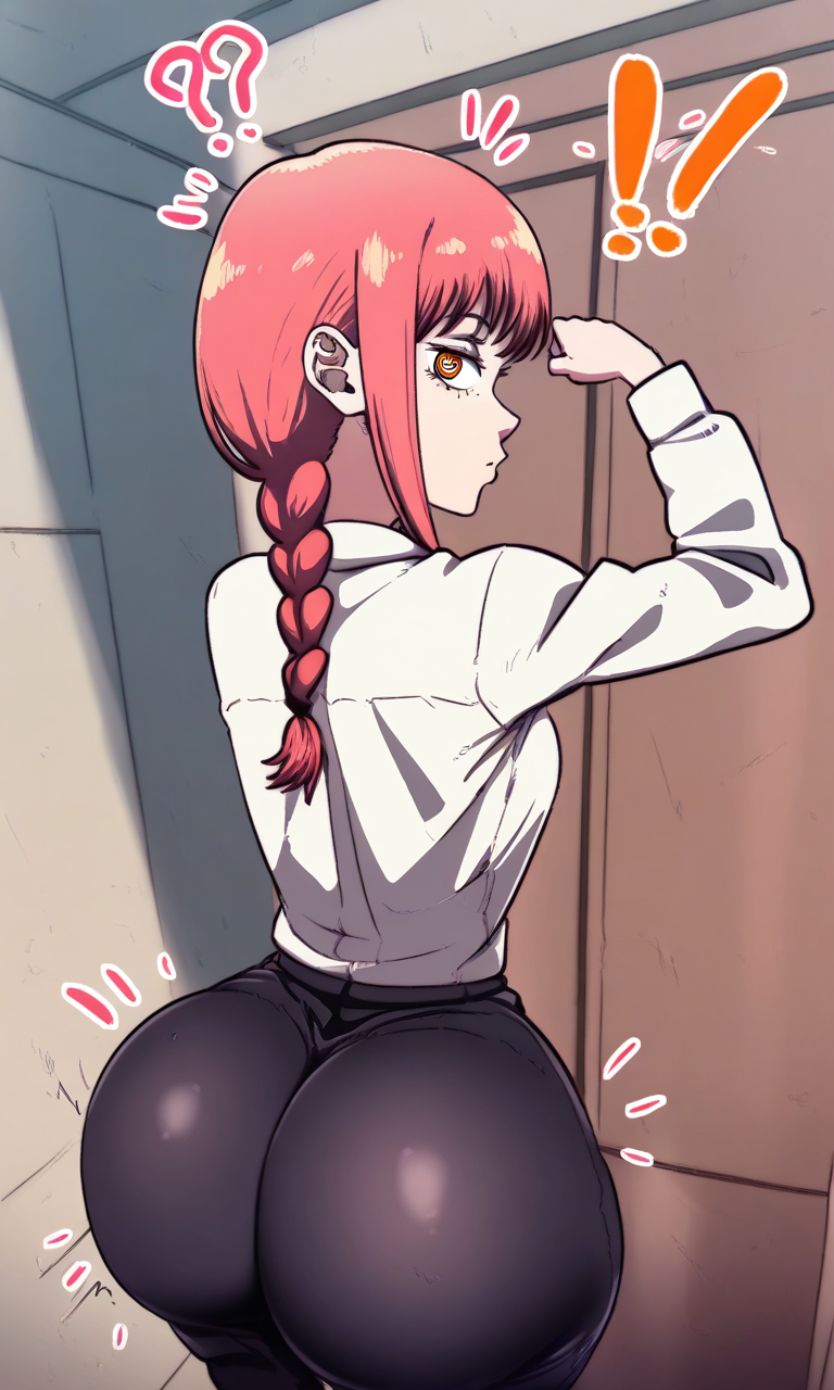 ai_generated black_legwear braid braided_hair braided_ponytail chainsaw_man d-art_style huge_ass makima_(chainsaw_man) pixelsin red_hair tagme thick_ass white_shirt