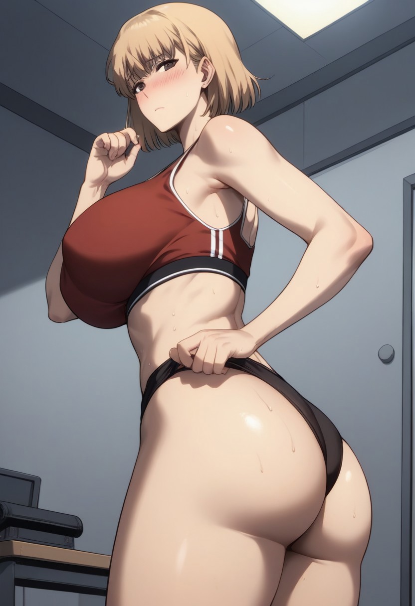 1girls adjusting_clothes ai_generated ass asurai bangs black_panties blonde_hair blush breasts brown_eyes cha_hae_in closed_mouth huge_breasts indoors large_breasts looking_at_viewer looking_back manhwa panties short_hair solo solo_leveling sports_bra sweat thighs underwear webtoon