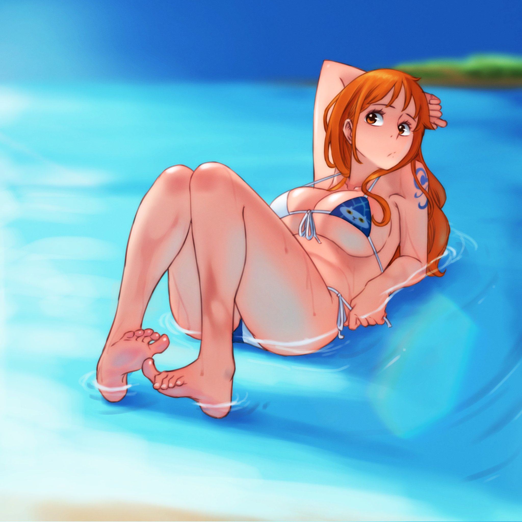1girls, adult, adult female, ankles, arm behind head, arm tattoo, bare belly, bare calves, bare chest, bare hands, bare hips, bare knees, bare legs, bare midriff, bare navel, bare shoulders, bare soles, bare thighs, barefoot, beach, belly, bikini, bikini bottom, bikini only, bikini top, blue background, blurred background, blurry background, breasts, busty, busty female, calves, clothing, coast, collarbone, elbows, exposed arms, exposed belly, exposed chest, exposed hips, exposed legs, exposed midriff, exposed navel, exposed shoulders, exposed skin, exposed thighs, exposed toes, feet, female, female focus, female only, fingers, front-tie bikini, front-tie bikini top, full body, futz 11, groin, half submerged, halterneck, hand behind head, head tilt, high resolution, highres, horizon, knees, large breasts, lean figure, legs, long hair, looking at viewer, lying, lying down, lying on back, lying on flooron back, lying on ground, mature, mature female, midriff, nami (one piece), narrow waist, ocean, one piece, orange eyebrows, orange eyes, orange hair, orange-eyed female, orange-haired female, partially submerged, partially submerged legs, sand, sea, seaside, shoulders, side-tie bikini, slender body, slender waist, slim waist, soaked, soles, solo, string bikini, submerged feet, submerged legs, swimsuit, swimwear, tattoo, tattoo on arm, tattooed arm, thick thighs, thighs, tilted head, toes, underboob, water, wet, wet ass, wet bikini, wet body, wet legs, wet skin, wet thighs, white bikini, white bikini bottom, white bikini top, white string bikini, white swimsuit, white swimwear