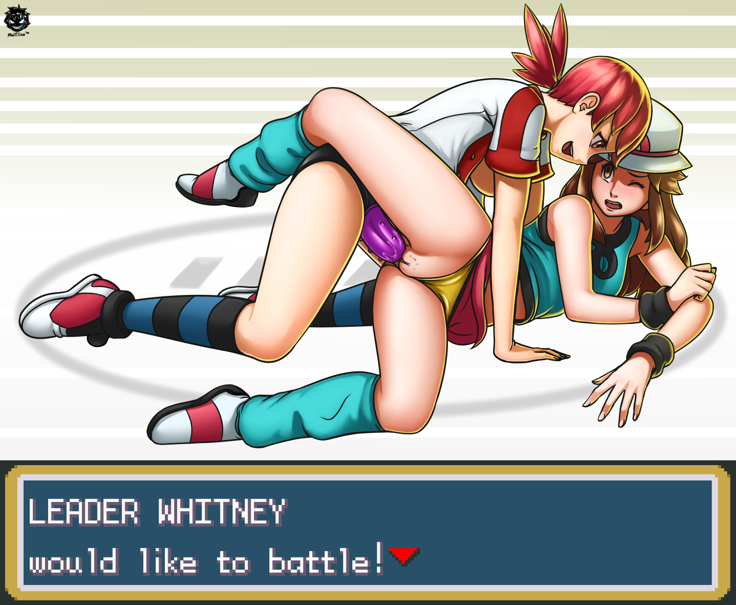 2016, 2girls, breasts, breasts out, brown eyes, brown hair, clothed, clothed sex, english text, eye contact, female, female only, game freak, gameplay mechanics, hat, hud, human, human only, leaf (pokemon), leg up, long hair, looking down, looking up, multiple females, multiple girls, nintendo, on side, one eye closed, panties, panties aside, pink eyes, pink hair, pokemon, pokemon battle, pokemon frlg, pokemon gsc, pokemon hgss, pussy, pussy juice, revtilian, sex, shirt, shoes, short hair, skirt, socks, strap-on, strapon, striped socks, sweatband, text, thick thighs, twintails, wet, whitney (pokemon), wince, yellow panties, yellow panties aside, yuri