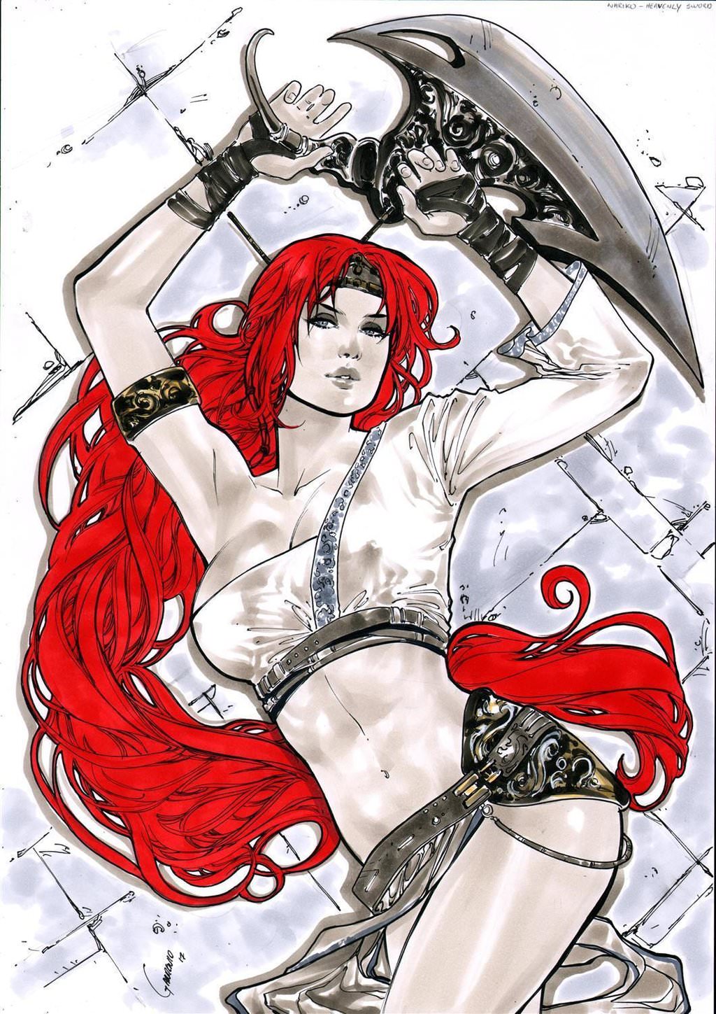 2017 arm_guards big_breasts blade blue_eyes breasts busty curvy dated ed_benes_studio erect_nipples female gardenio_lima goddess heavenly_sword heroine long_hair lying lying_down lying_on_back nariko nipples nipples_visible_through_clothing red_hair see-through sheer signature sword tiara tight_clothing voluptuous weapon