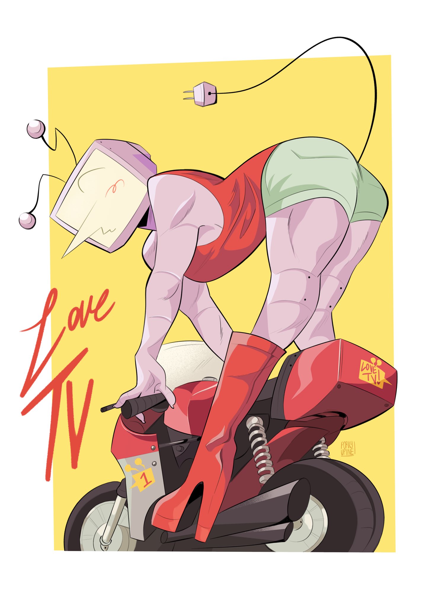 1boy, 2025, antennae, ass, boots, clothed, clothed male, clothes, clothing, color, colored, deltarune, deltarune chapter 3, digital drawing (artwork), digital media (artwork), electric plug, english text, high heels, i love tv, male, male only, motorcycle, pointy nose, shorts, simple background, solo, solo male, tail, tenna (deltarune), text, tv, tv head