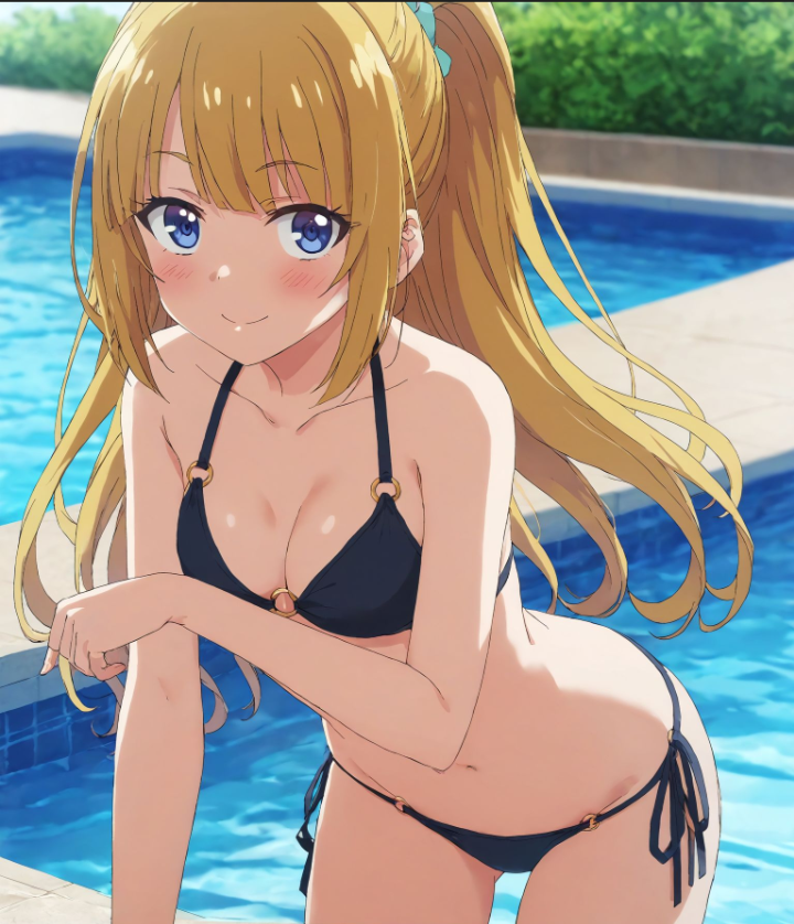 1girls ai_generated bikini black_bikini blonde_female blonde_hair blue_eyes breasts classroom_of_the_elite cleavage hair_scrunchie karuizawa_kei looking_at_viewer navel ponytail poolside side_tie_bikini side_tie_bikini_bottom smiling_at_viewer 平成アニメファン