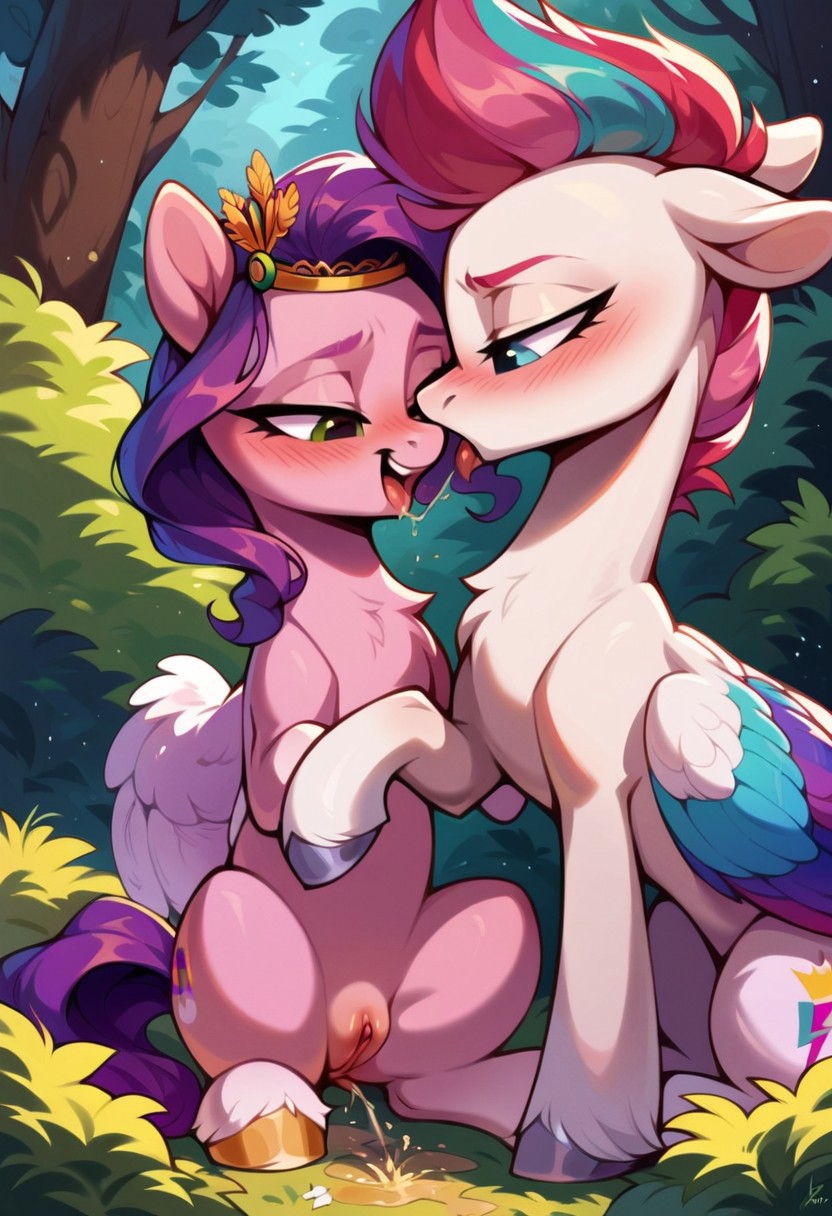 ai_generated equid equine female feral friendship_is_magic fur hasbro hooves mlp_g5 my_little_pony pink_body pink_fur pink_hair pipp_petals_(mlp) purple_hair pussy white_body white_fur zipp_storm_(mlp)