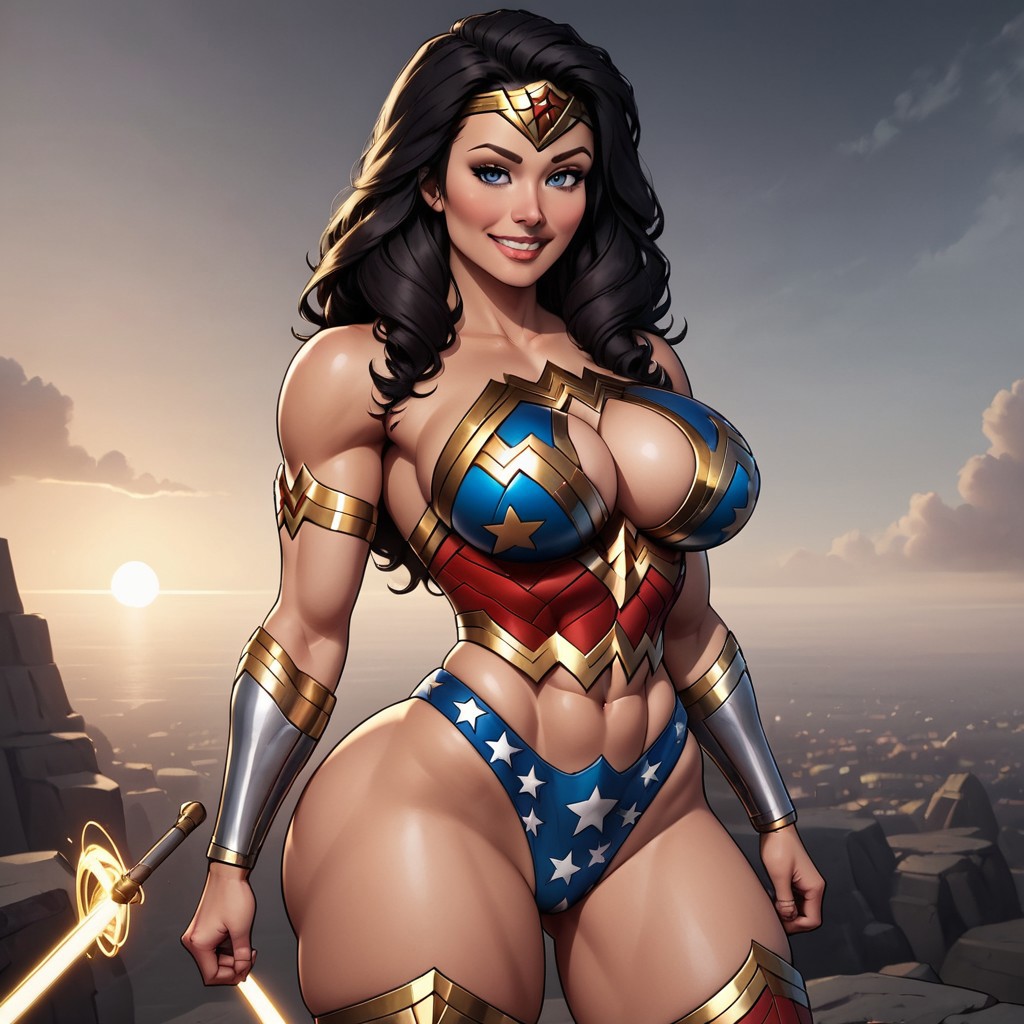 abs ai_generated amazon big_ass big_breasts black_hair blue_eyes boob_window civitai cleavage cleavage_cutout curvaceous curvy curvy_female curvy_figure dc dc_comics diana_of_themyscira diana_prince fit fit_female happy hourglass_figure navel ocean revealing_clothes sea seaside self_upload slutty_outfit smile sunset superheroine thick_legs thick_thighs thighs voluptuous whore whore_eyes wonder_woman wonder_woman_(series)