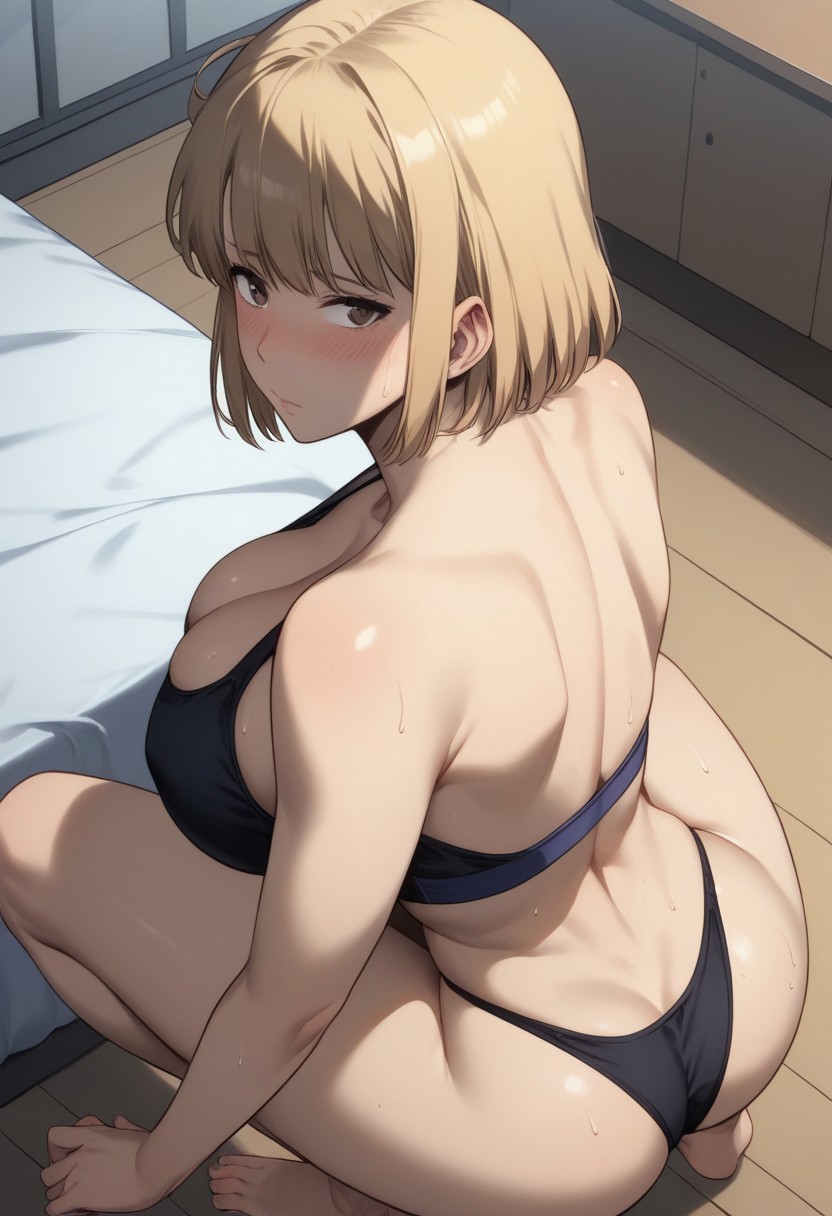 1girls ai_feet ai_generated ai_hands ass asurai back_view bangs bare_shoulders barefoot black_bra black_panties blonde_hair blush bra breasts brown_eyes cha_hae_in closed_mouth full_body indoors large_breasts looking_at_viewer looking_back manhwa panties short_hair solo solo_leveling squatting sweat thighs tiptoes underwear webtoon