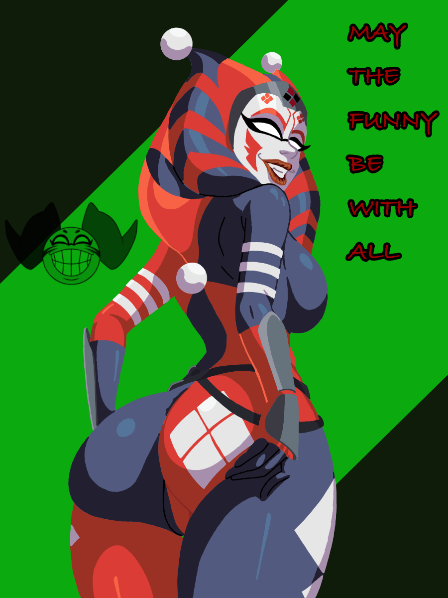 ahsoka_tano artist_upload ass_focus clown clownification corruption harley_quinn harley_quinn_(cosplay) latex self_upload smiling star_wars star_wars:_the_clone_wars togruta ultra4rtz